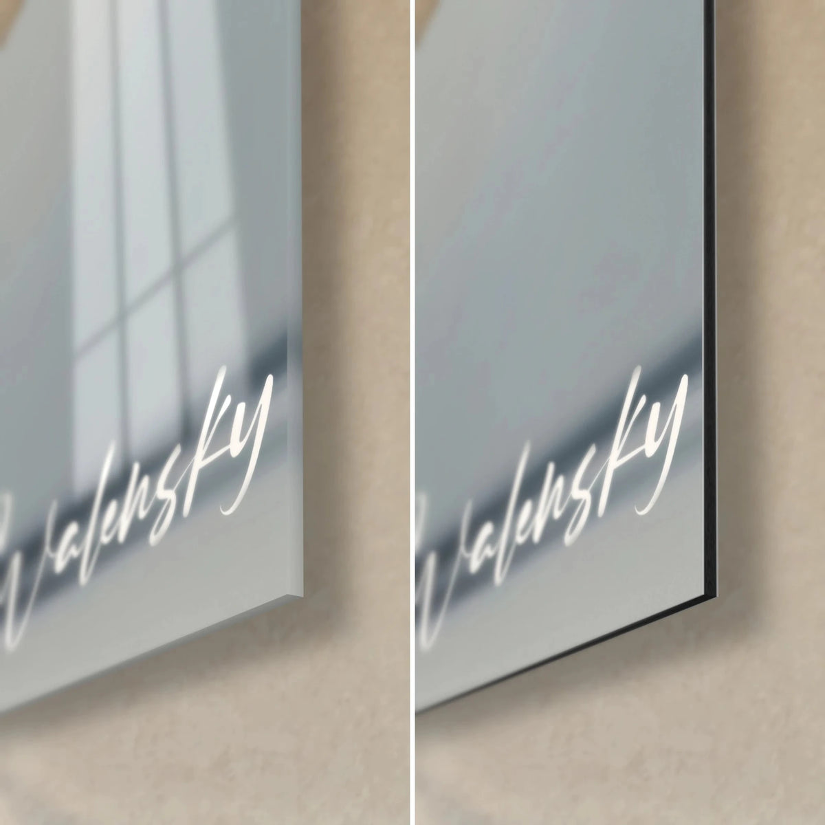 Gemälde weißer Fauve mit silbernen Schnurrhaaren, untere rechte Ecke: glänzendes Acrylglas links, mattschwarzes Dibond-Aluminium rechts, 3 mm Kante