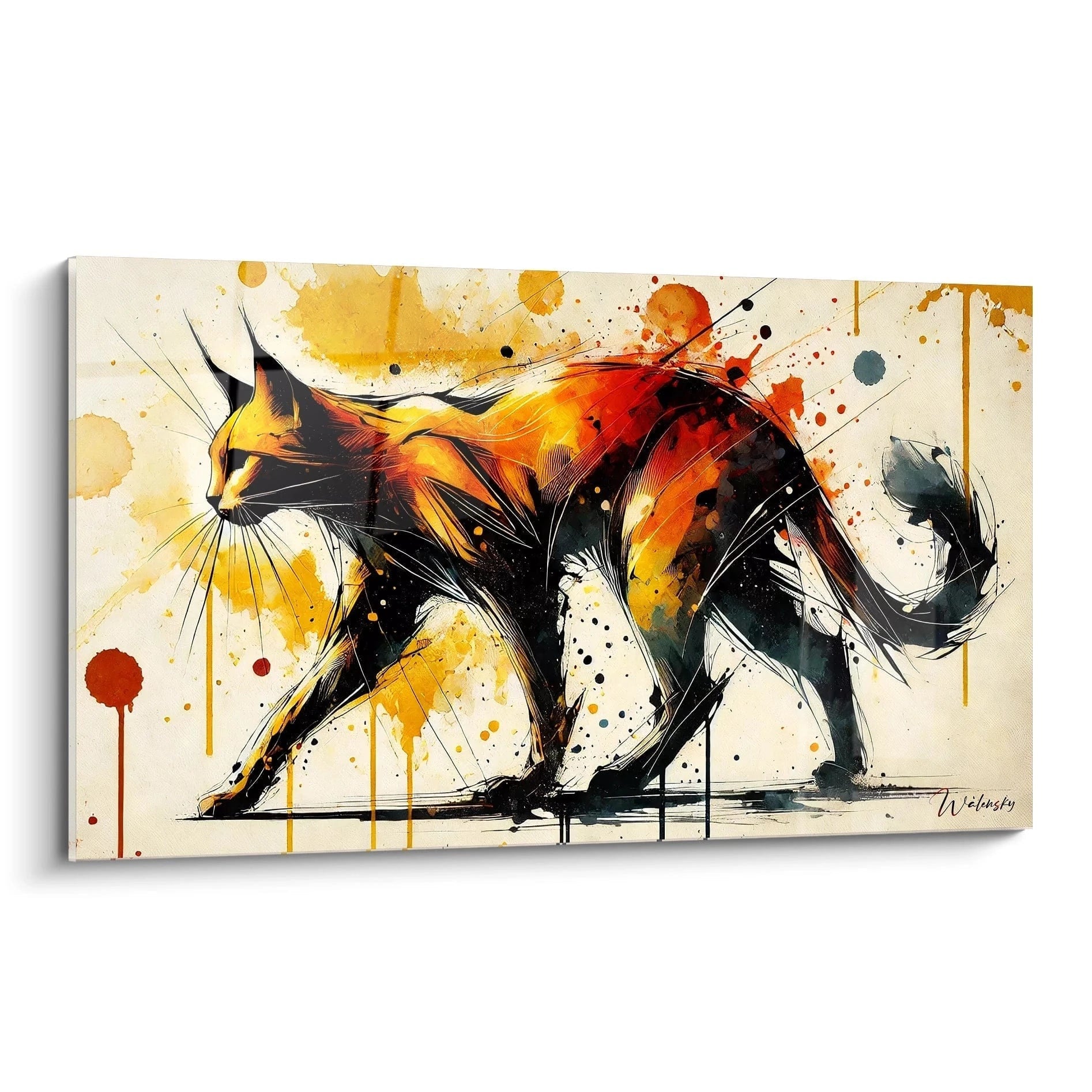 Ce tableau chat, vu de biais, révèle son énergie artistique avec ses couleurs éclatantes et ses traits noirs audacieux. Une œuvre idéale pour ajouter du dynamisme à un intérieur moderne.