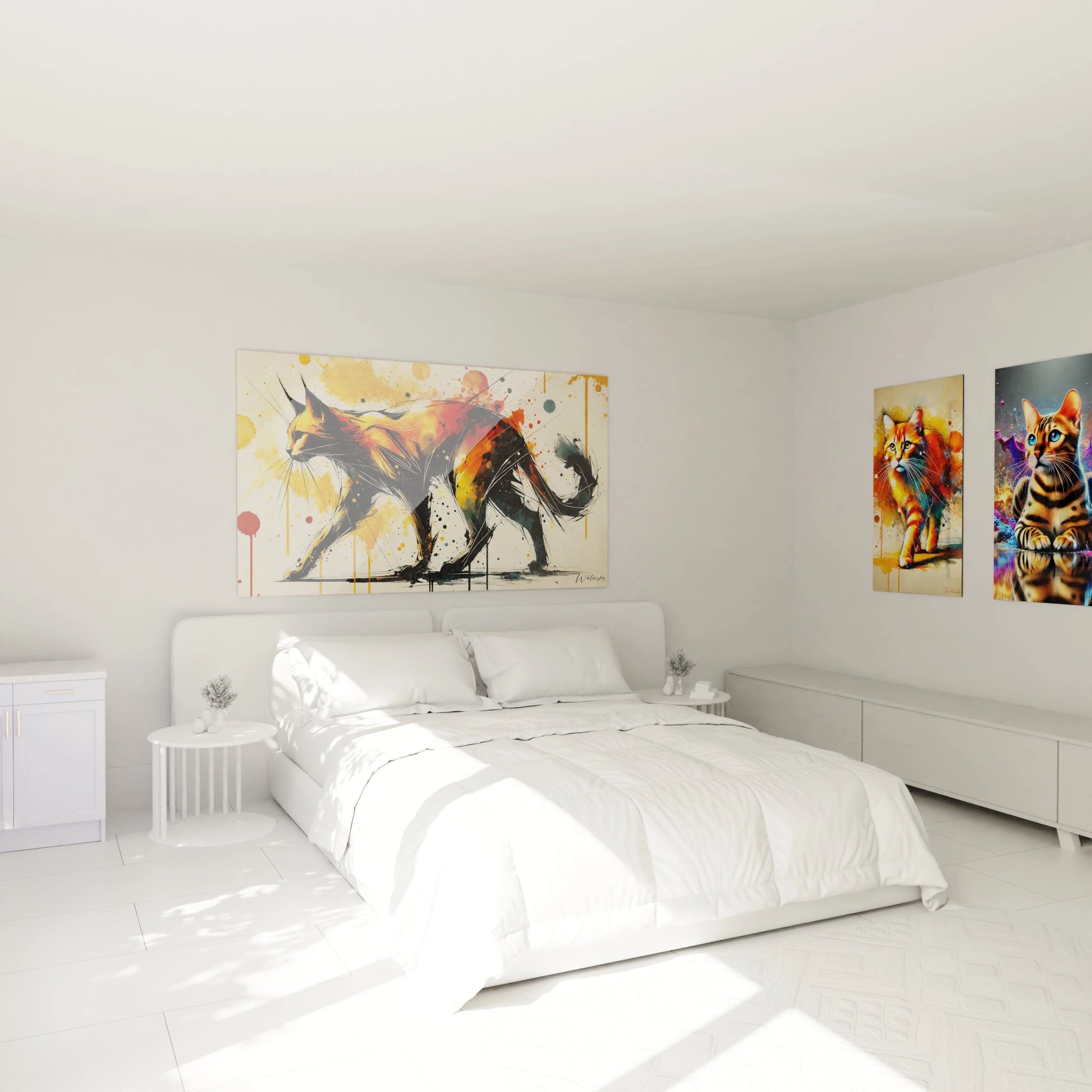 Sublimez votre chambre avec ce tableau chat accroché au mur. Les couleurs chaudes et les éclaboussures créent une ambiance artistique et chaleureuse, idéale pour une décoration unique et moderne.