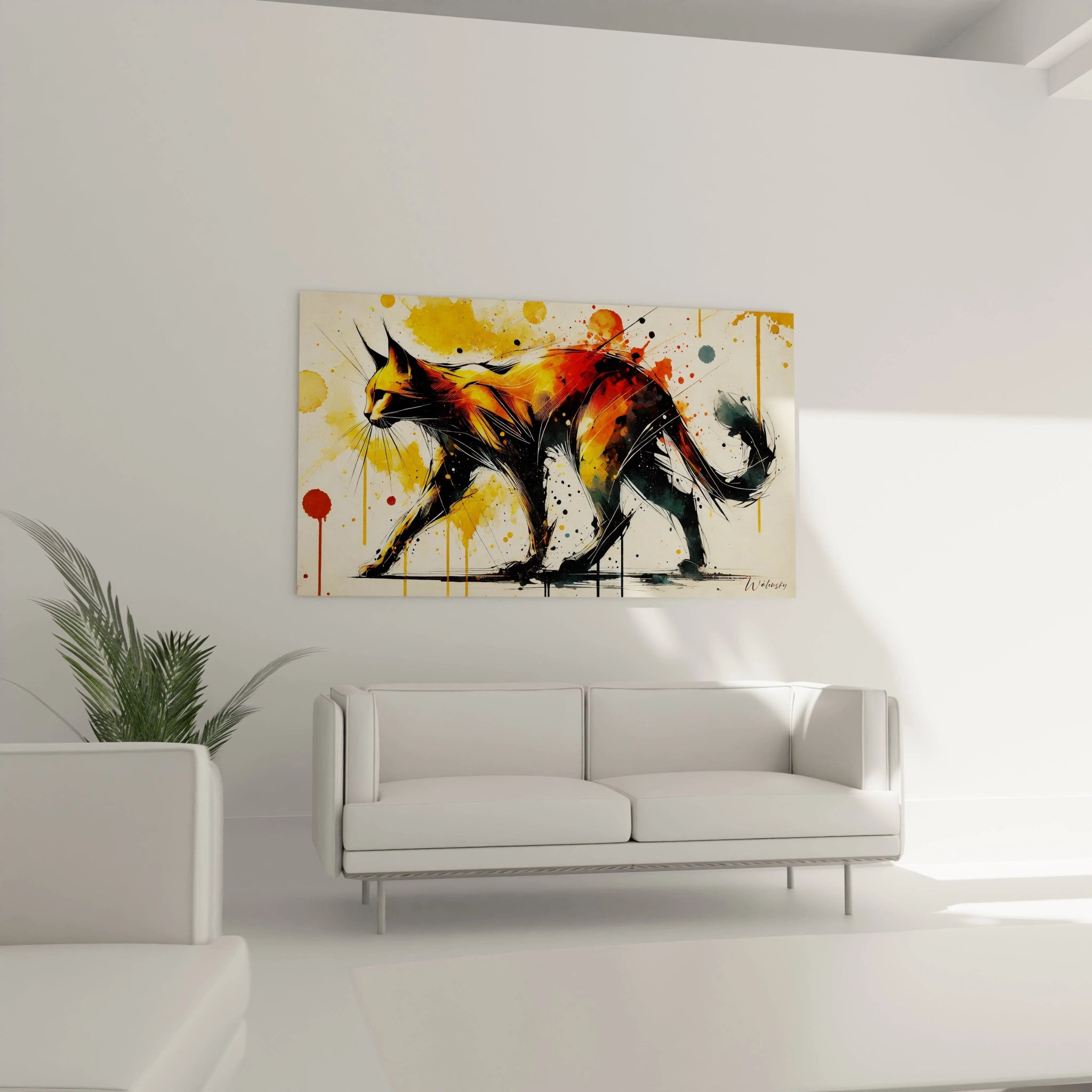 Ce tableau chat accroché dans le salon au-dessus du canapé devient le point focal de la pièce. Son style abstrait et ses couleurs vibrantes apportent caractère et modernité à votre intérieur.