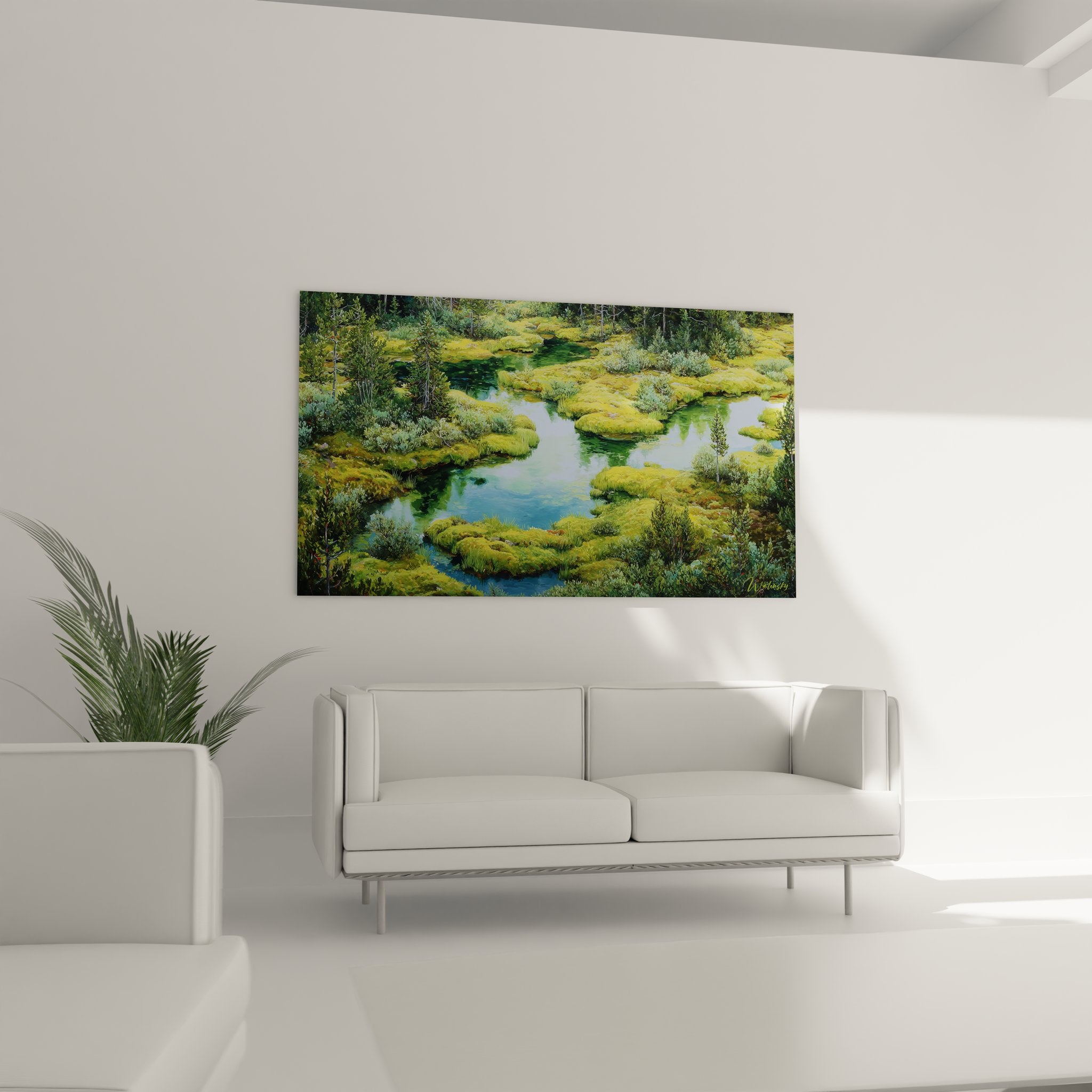 Détail gros plan tableau mousse verte luxuriante et reflets eau bleue, texture réaliste écosystème