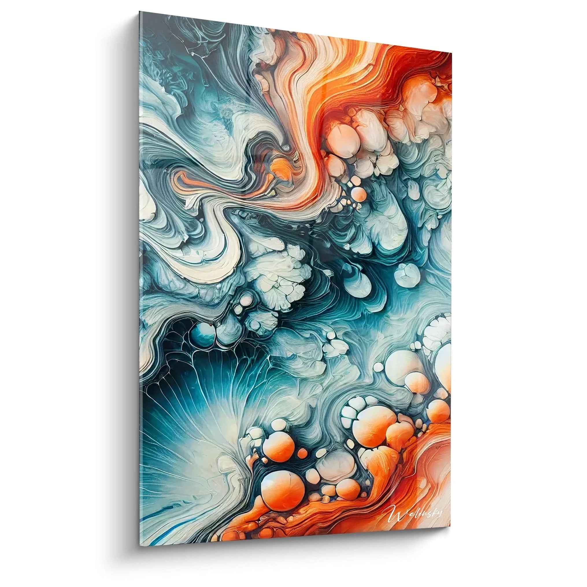 Ce tableau style epoxy capture l’intensité d’un feu bleu et orange fusionnant avec des vagues blanches. Les éléments s’entrelacent, créant une danse visuelle hypnotique dans des tons chauds et froids.
