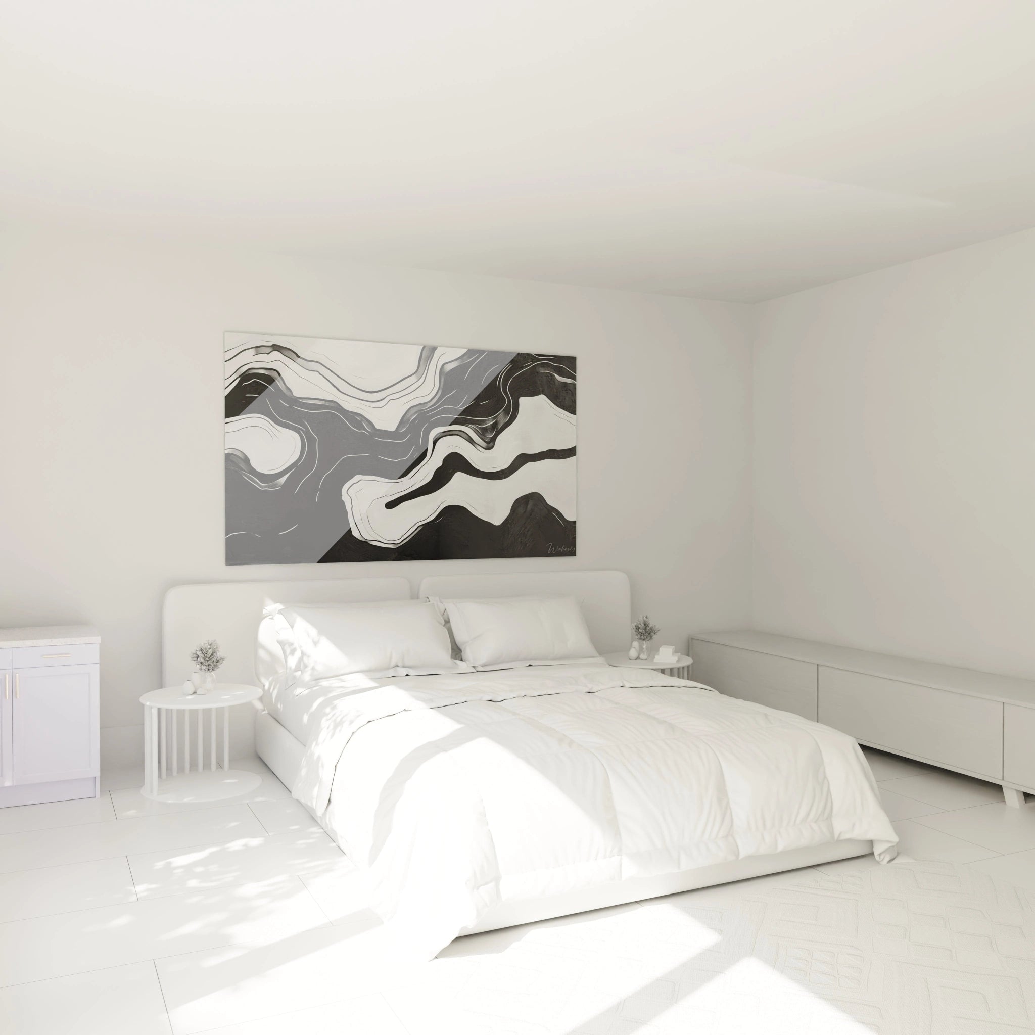 Un tableau abstrait aux lignes fluides noir et blanc représentant des motifs ondulants qui semblent en mouvement constant. Les formes organiques s'entrelacent et créent des zones de contraste marqué, avec une texture délicate révélant un travail minutieux des transitions.