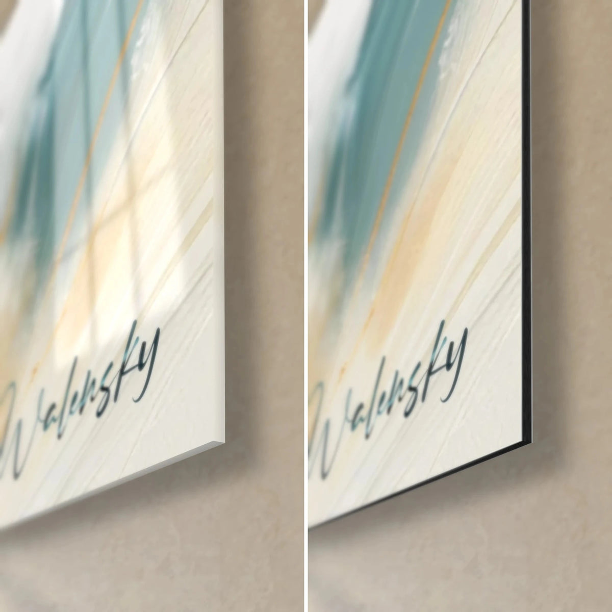 Abstract golden tide wall art, bottom right corner: glossy glass with reflections and matte black Dibond aluminium, 3 mm edge visible