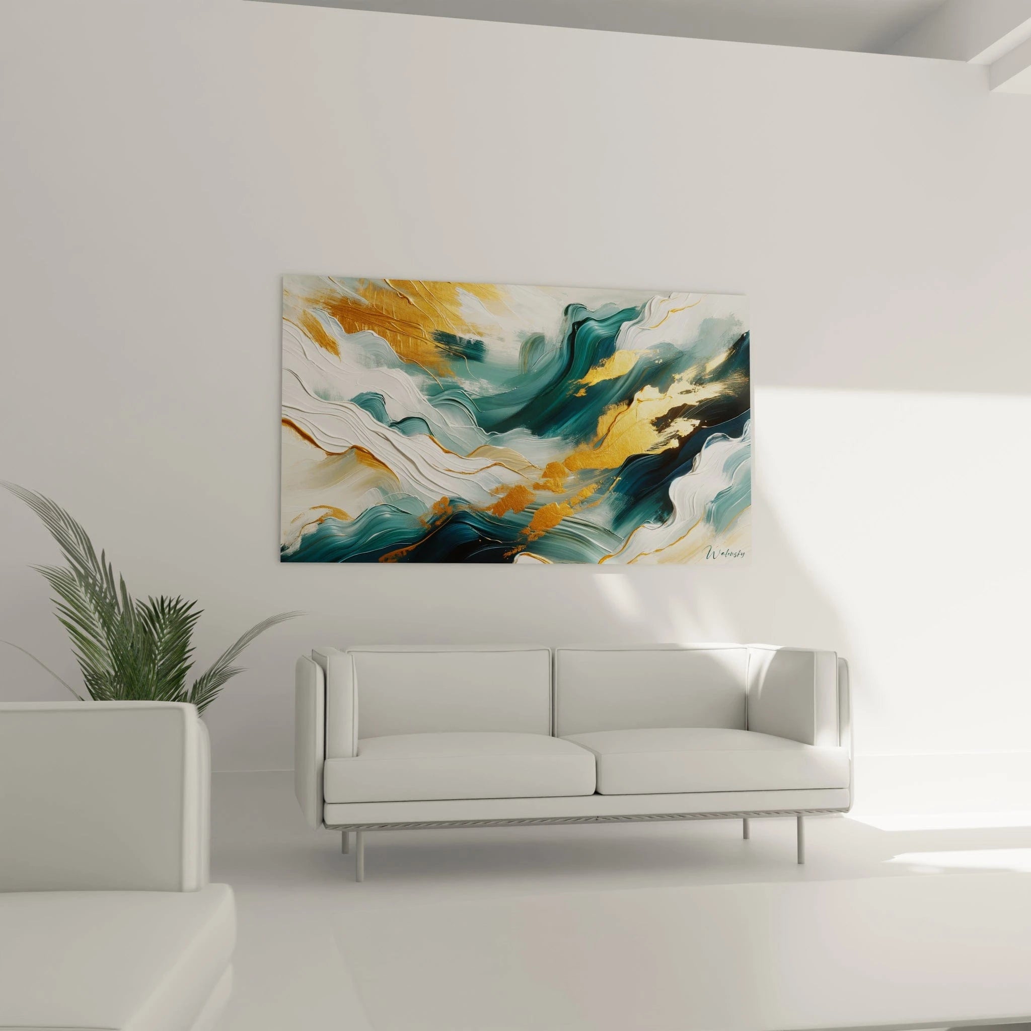 Un tableau abstrait évoquant un paysage marin stylisé. Les couleurs principales sont vert sarcelle, blanc nacré, or cuivré et bleu-vert. La texture montre des mouvements dynamiques créés par des coups de pinceau directionnels et des empâtements prononcés, avec des éléments dorés qui traversent la composition comme des filons précieux.