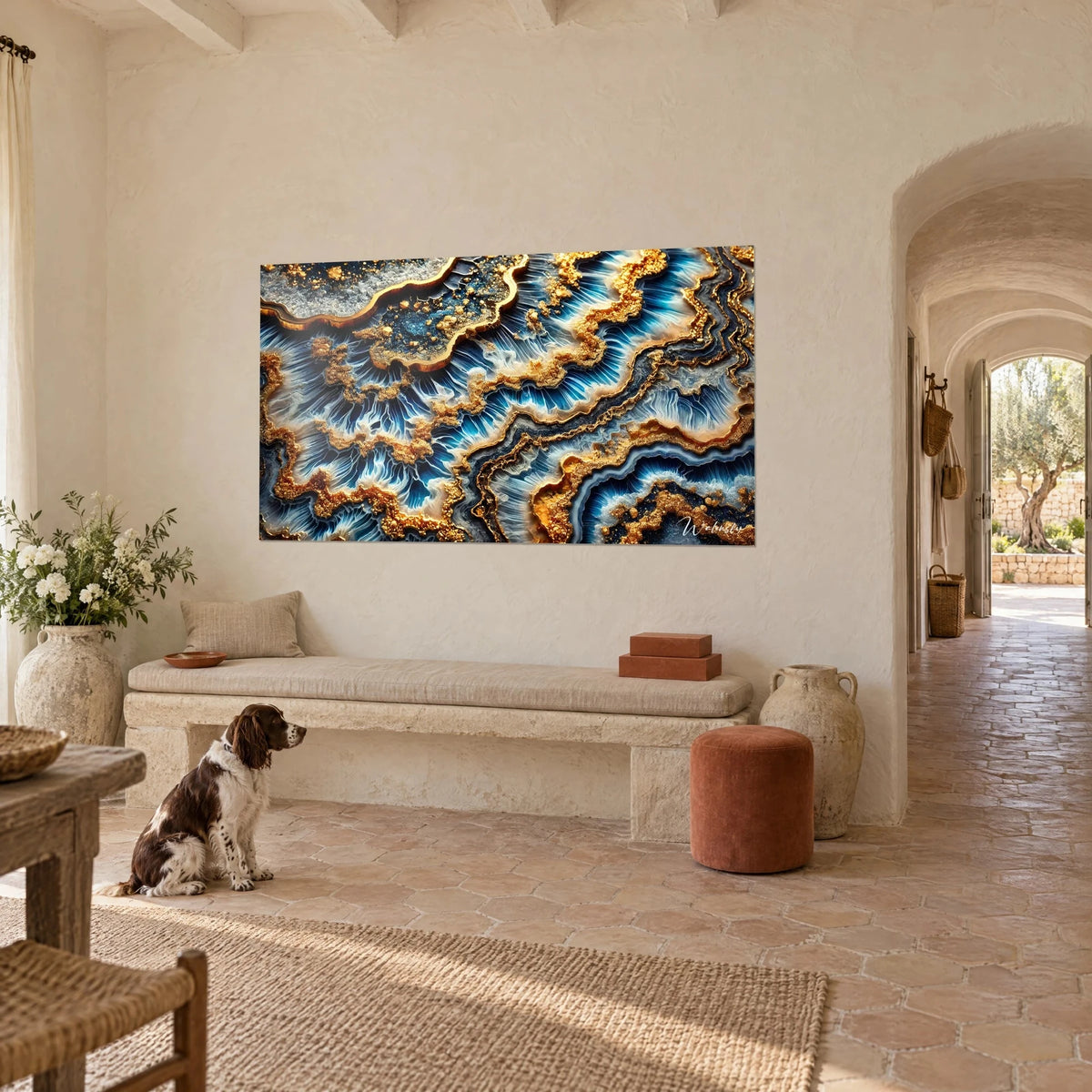 Schilderij met abstracte geode in nachtblauw en glinsterend goud, parelmoerwitte lagen, zittende bruin-witte spaniël, Provençaals landhuis