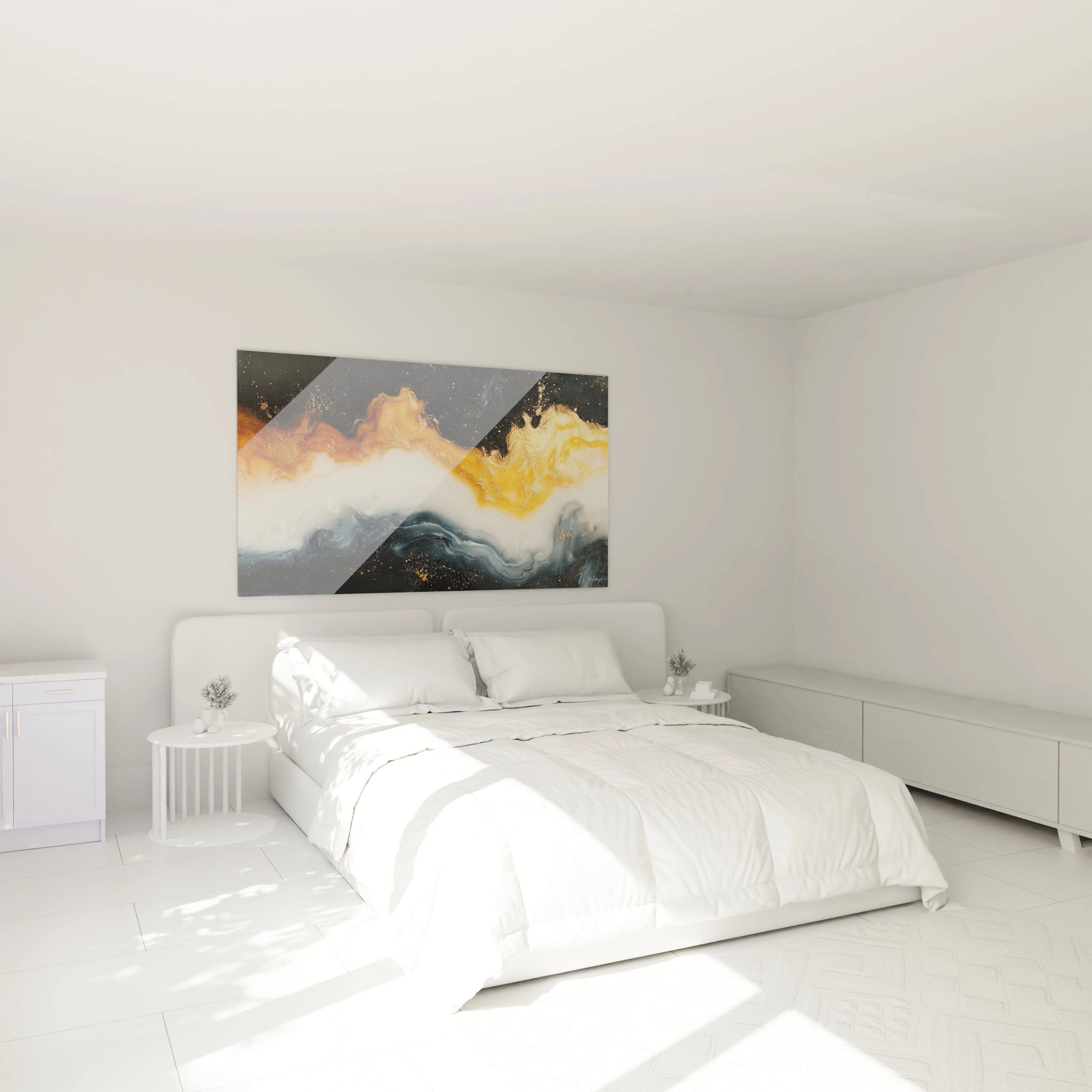 Tableau peinture abstrait Walensky avec des teintes de jaune et de bleu pour une décoration moderne de chambre