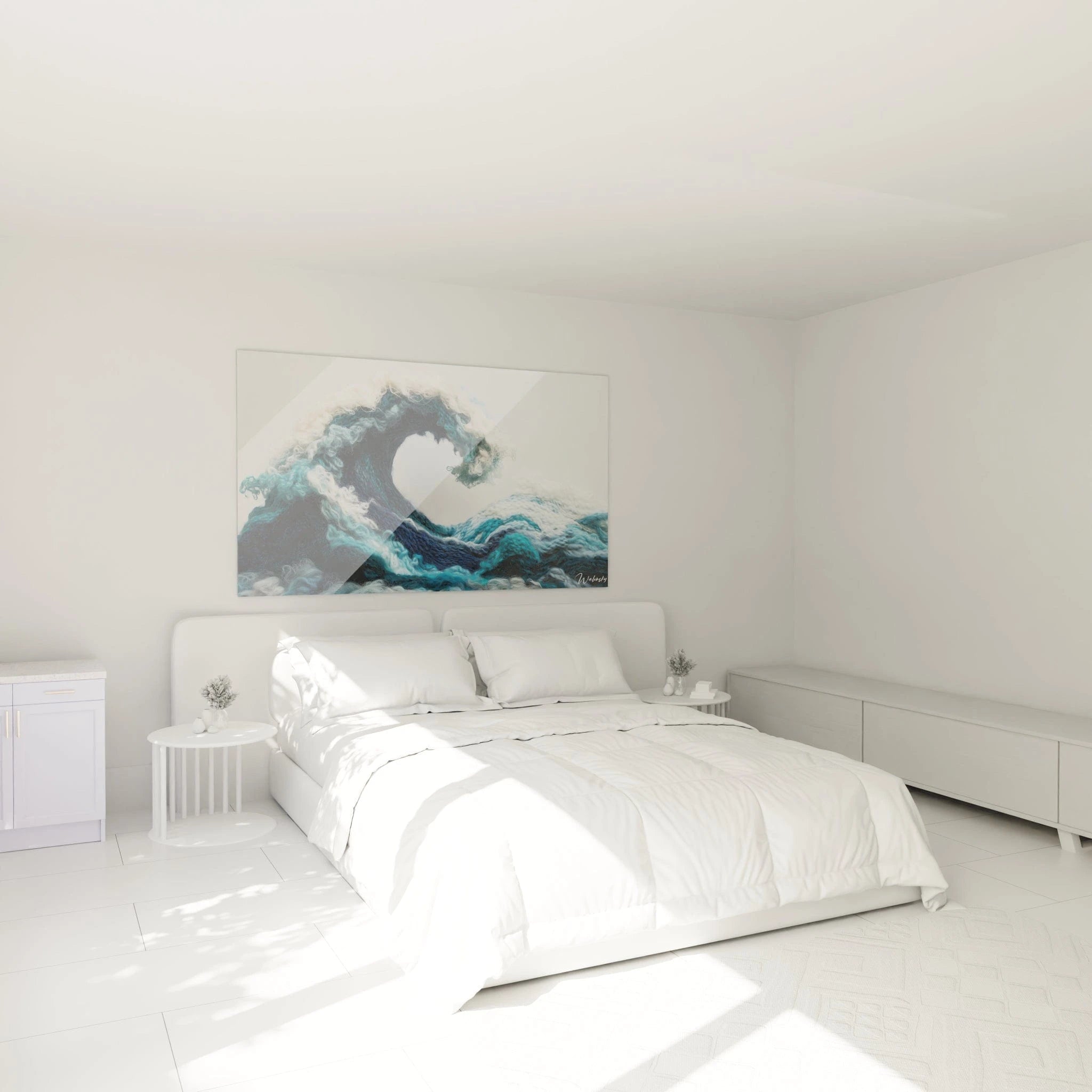 Un tableau vague textile capturant le mouvement puissant de l'eau en plein élan, utilisant la technique du crochet pour former des reliefs prononcés. Les dégradés de bleus marins et turquoise contrastent avec l'écume blanche bouclée au sommet.