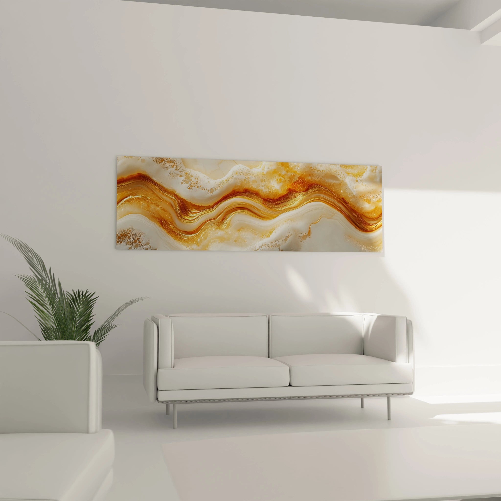 Tableau moderne abstrait de Walensky avec des ondulations dorées et crème, idéal pour décorer un salon