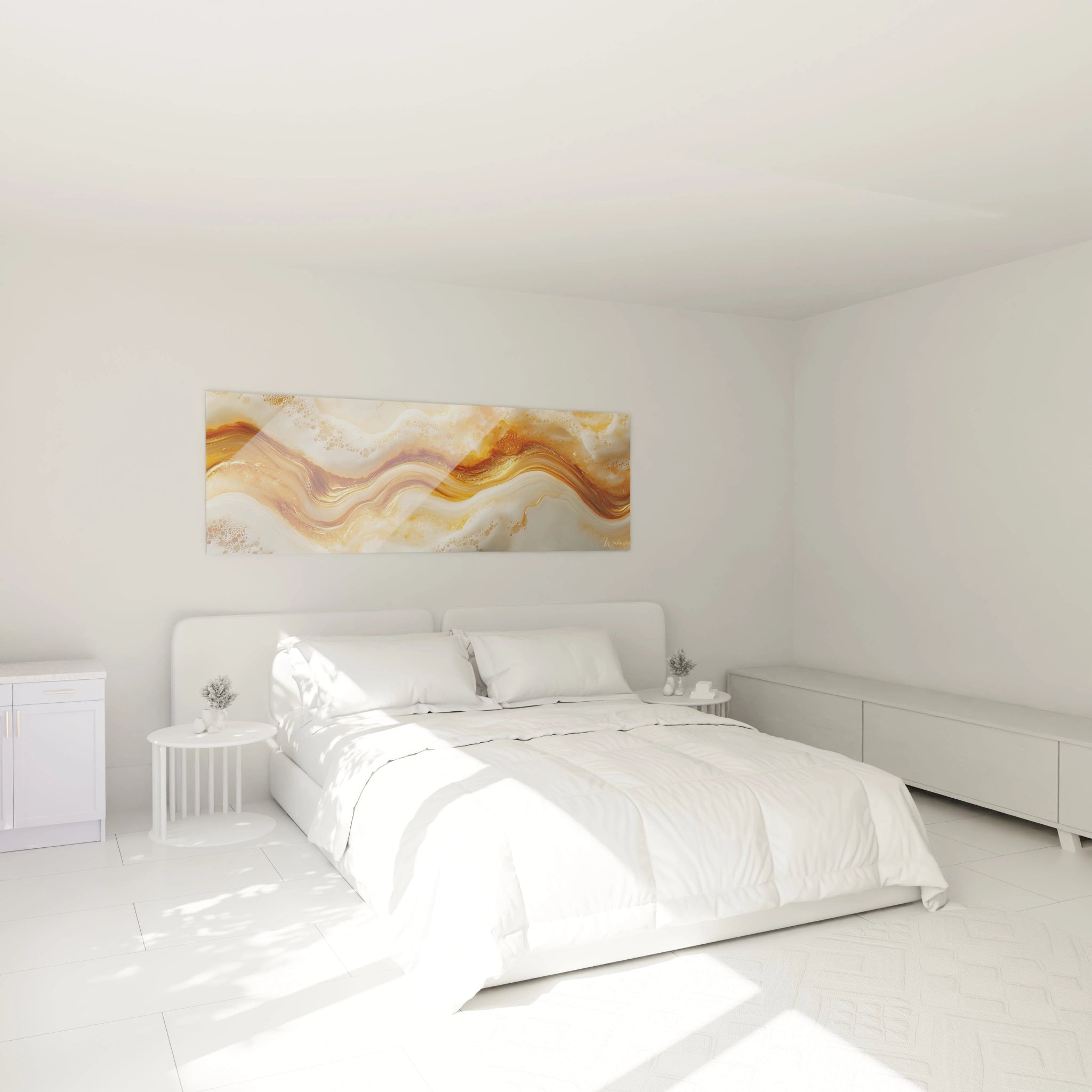 Tableau moderne abstrait Walensky avec des vagues dorées pour une décoration élégante de chambre