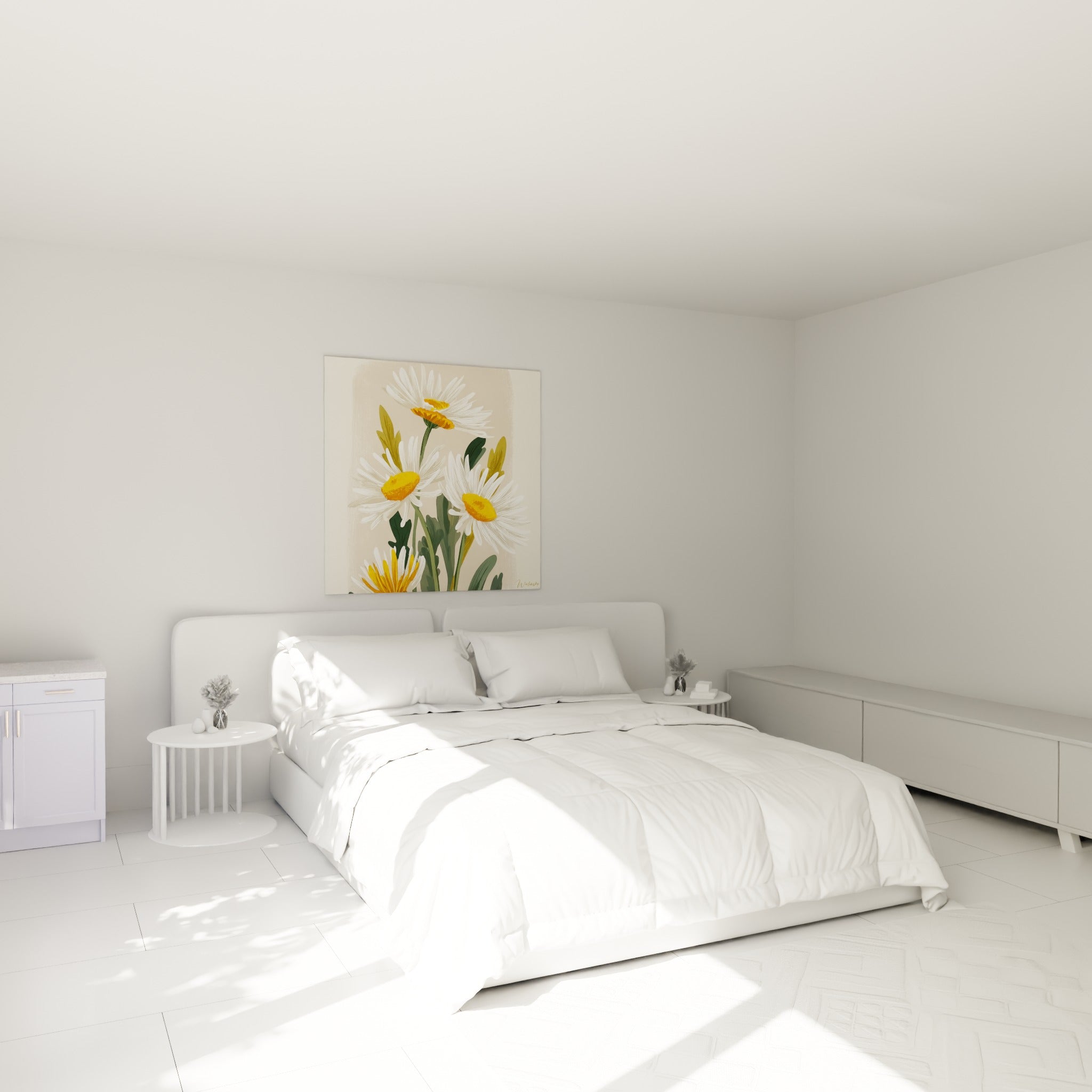Bouquet de marguerites blanches et safran surplombe un lit dans une chambre claire et lumineuse