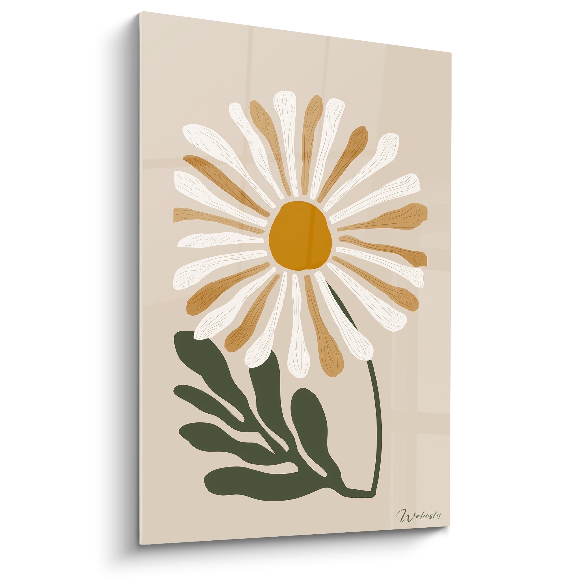 Marguerite stylisée blanc et ocre au cœur jaune moutarde sur fond beige sable