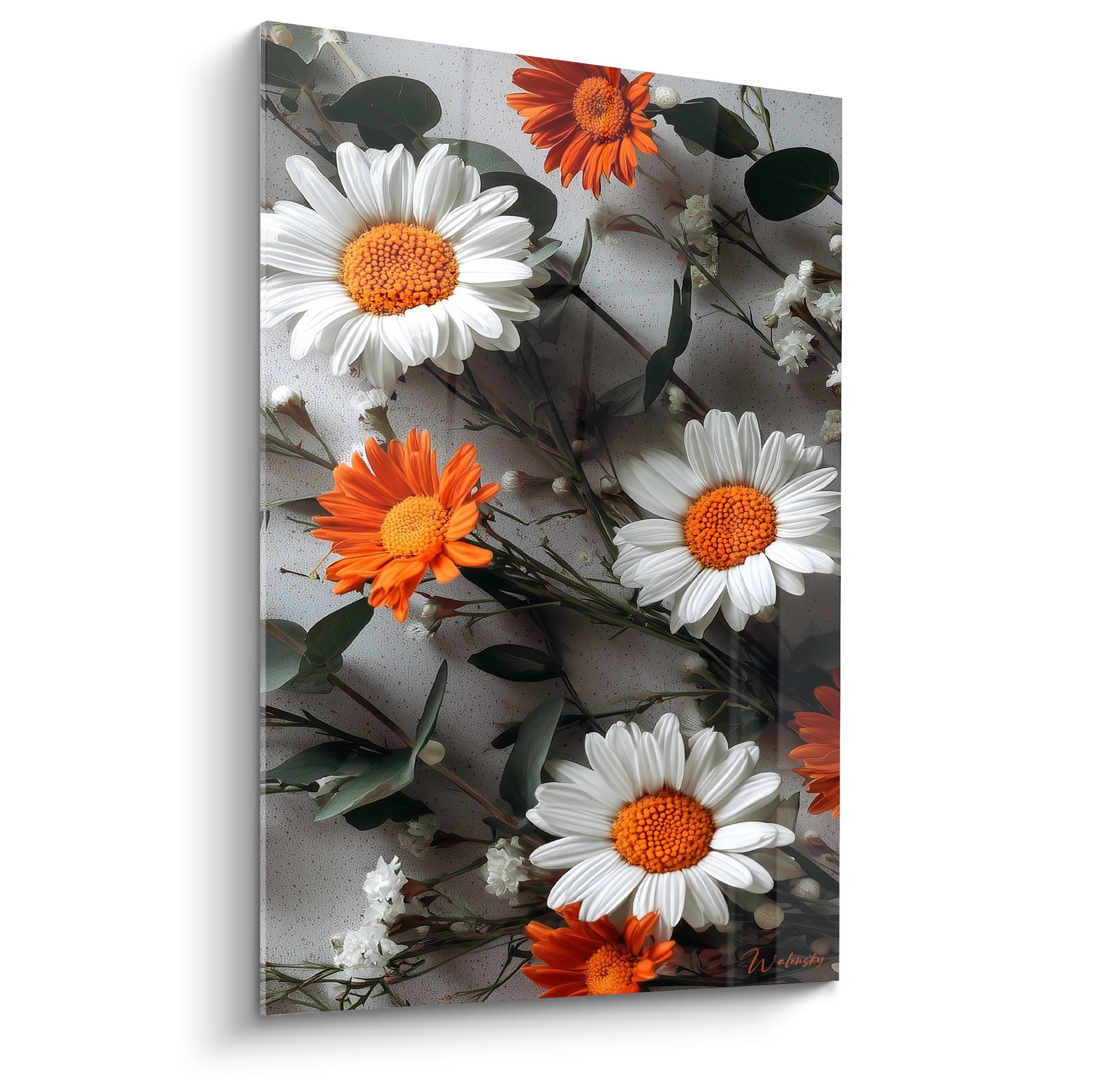 Marguerites blanches aux cœurs orange dorés entremêlées de fleurs orange vif sur fond gris moucheté