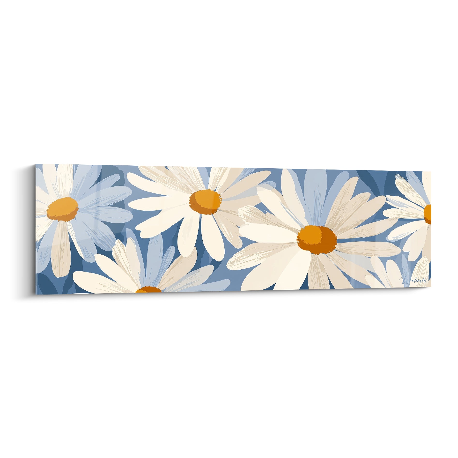 Marguerites blanches aux coeurs orange sur fond bleu ardoise, style graphique illustré