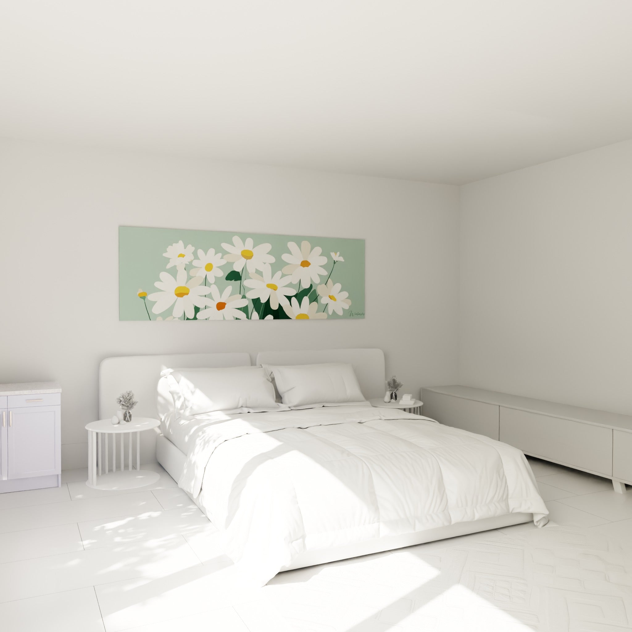 Bouquet de marguerites blanches et vert sauge au-dessus d'un lit dans une chambre claire