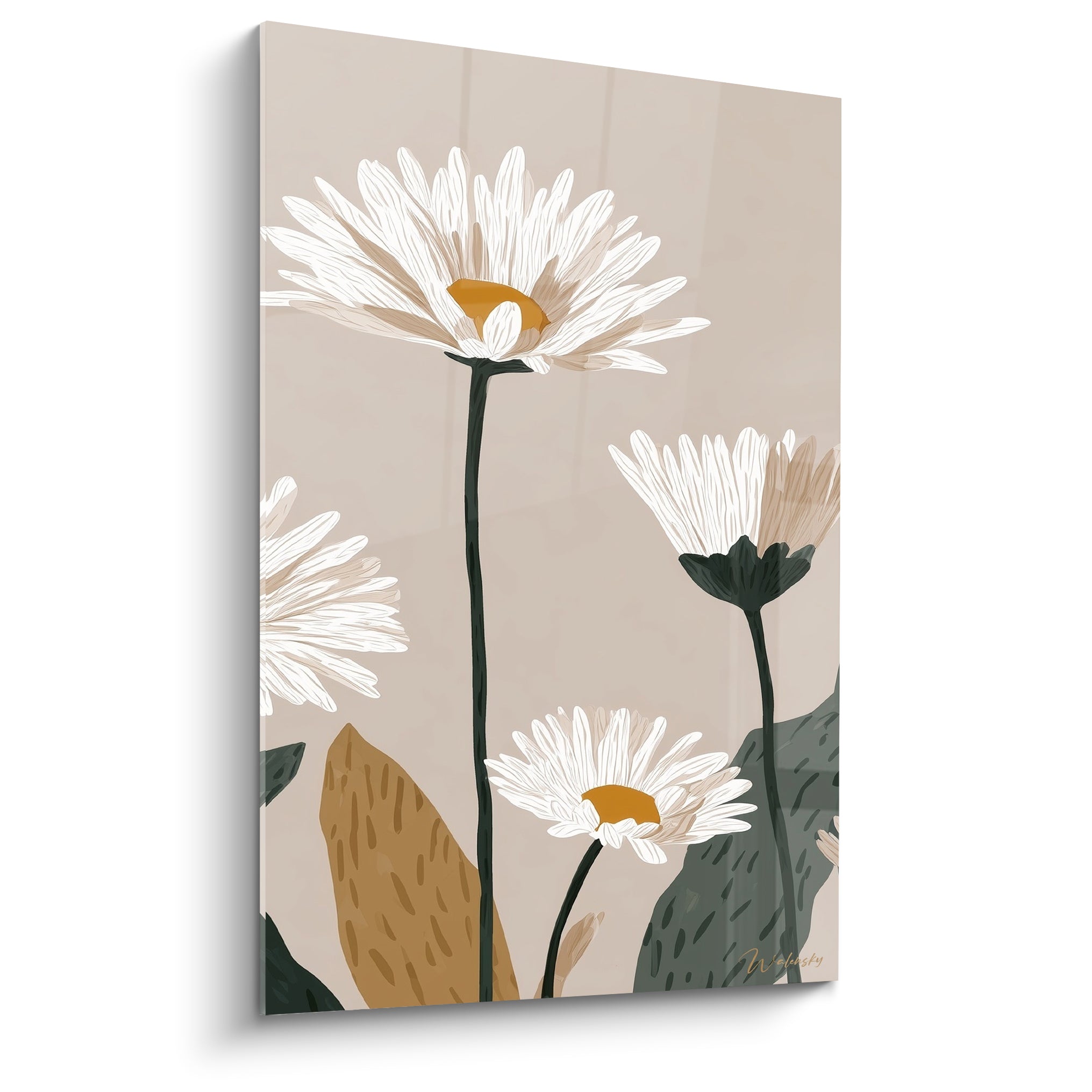 Marguerites blanches aux cœurs dorés sur fond beige, style illustré aux tiges vert sombre