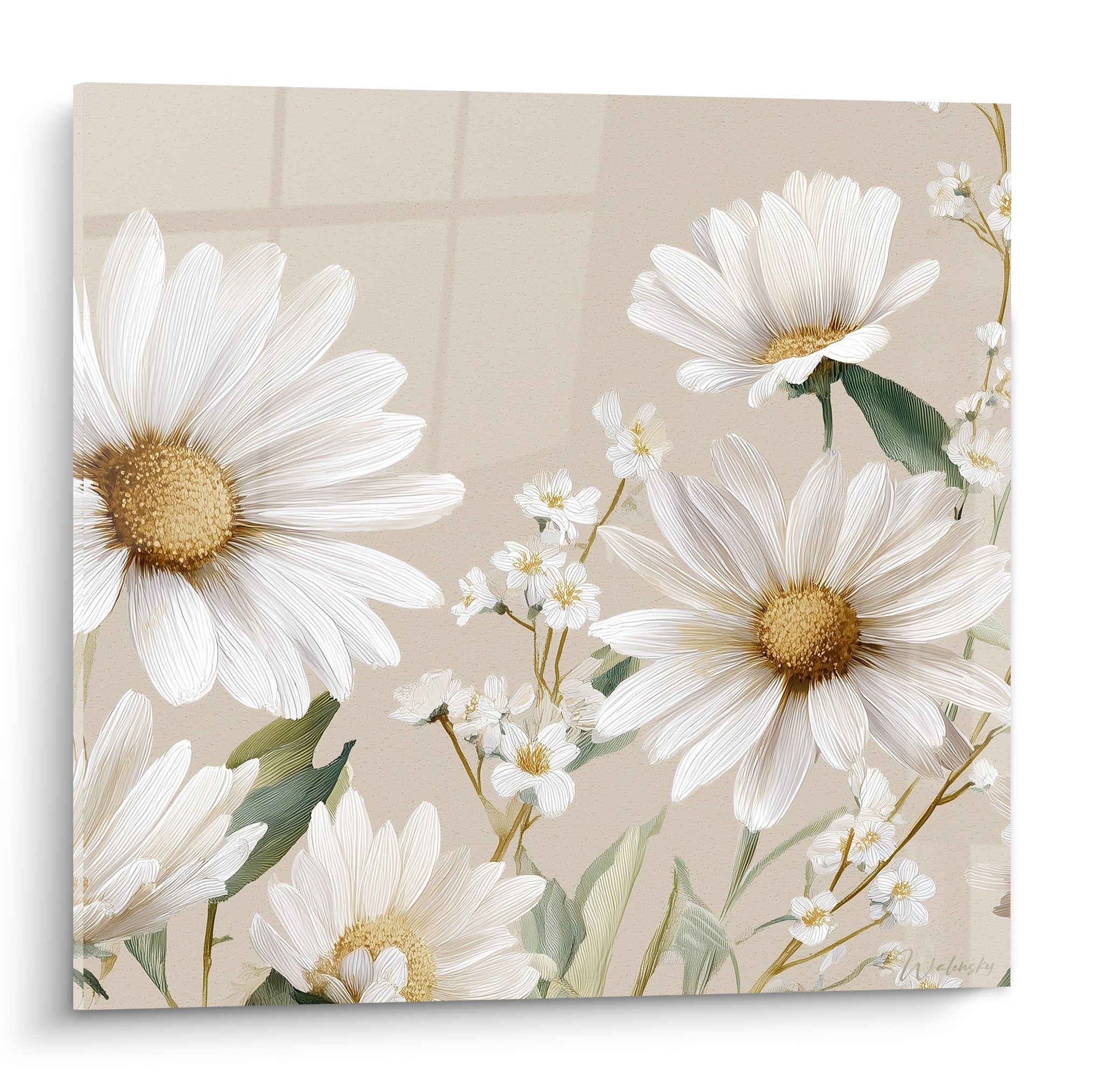 Marguerites blanches aux cœurs dorés peintes sur fond beige, style botanique délicat