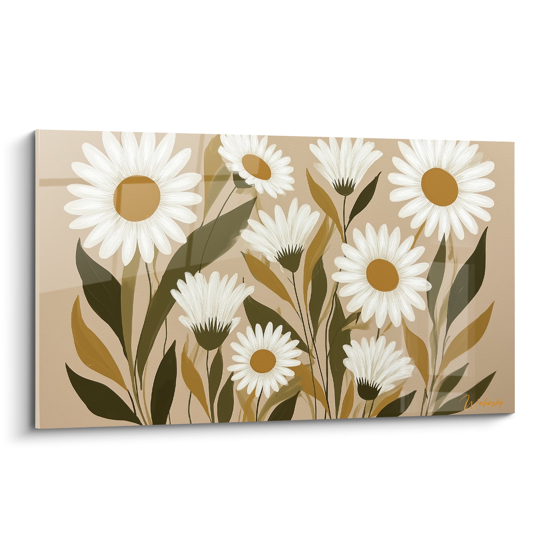 Marguerite blanche aux cœurs ocre déployée sur fond beige, style graphique et feuillage olive