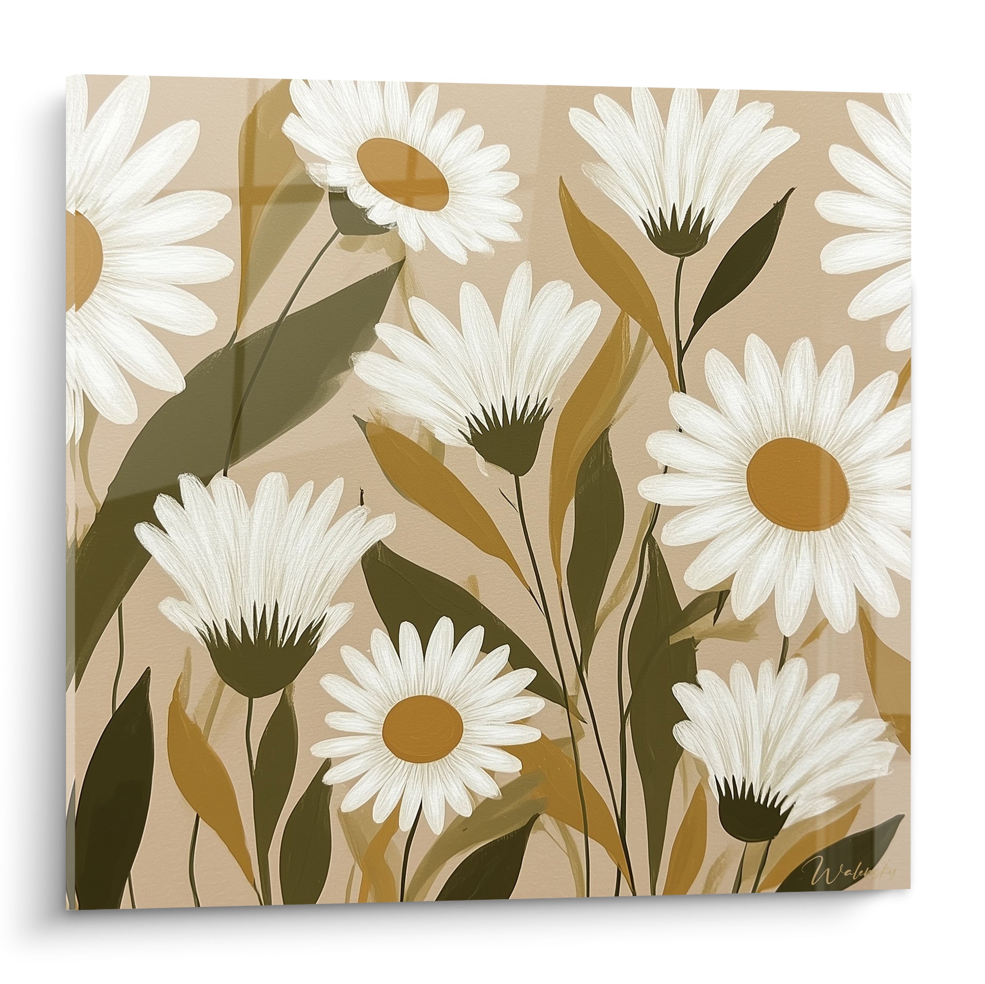Marguerites blanches aux cœurs ocre déployées sur fond beige, style illustratif et feuillage kaki