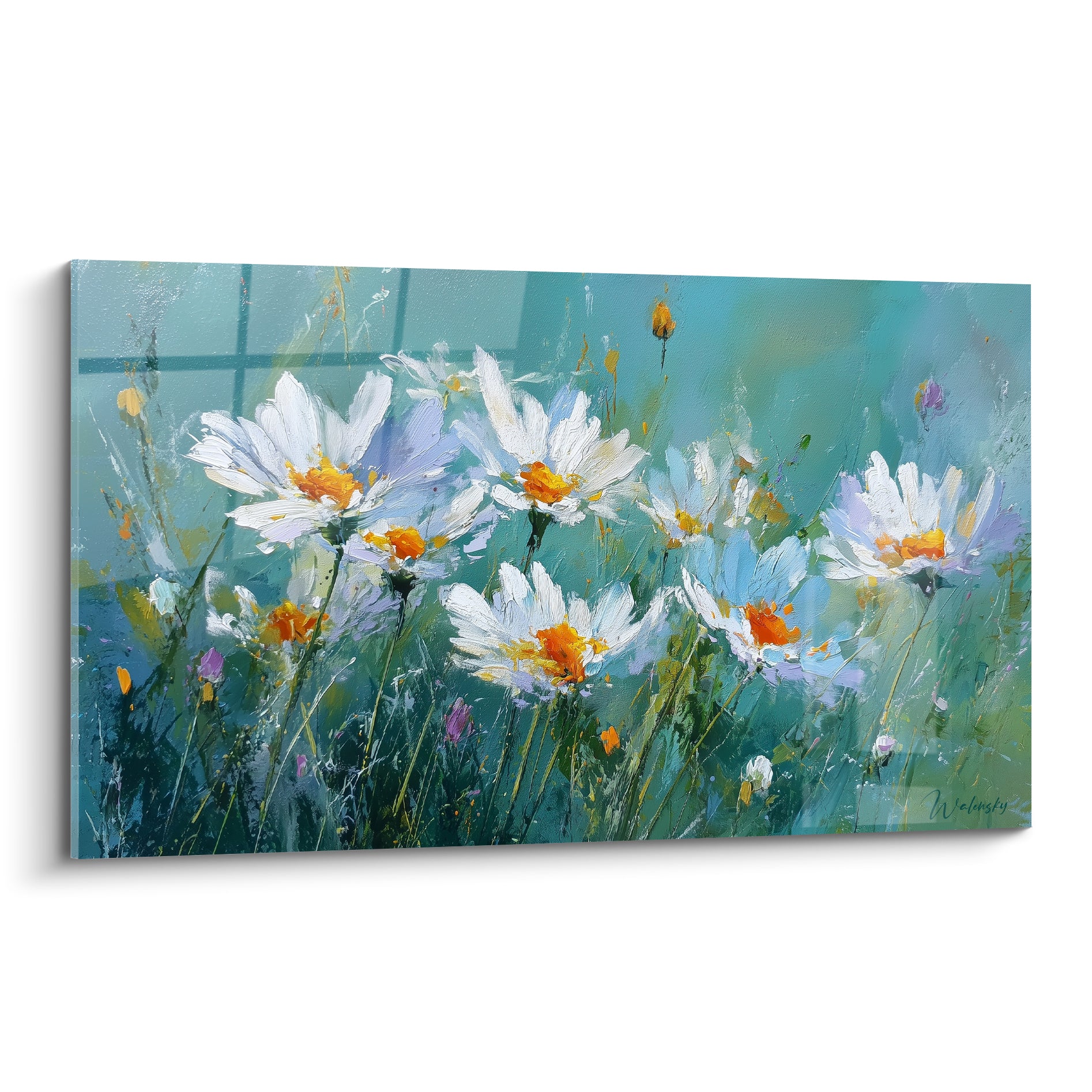 Marguerites blanches aux cœurs orangés peintes sur fond turquoise et vert, texture épaisse au couteau
