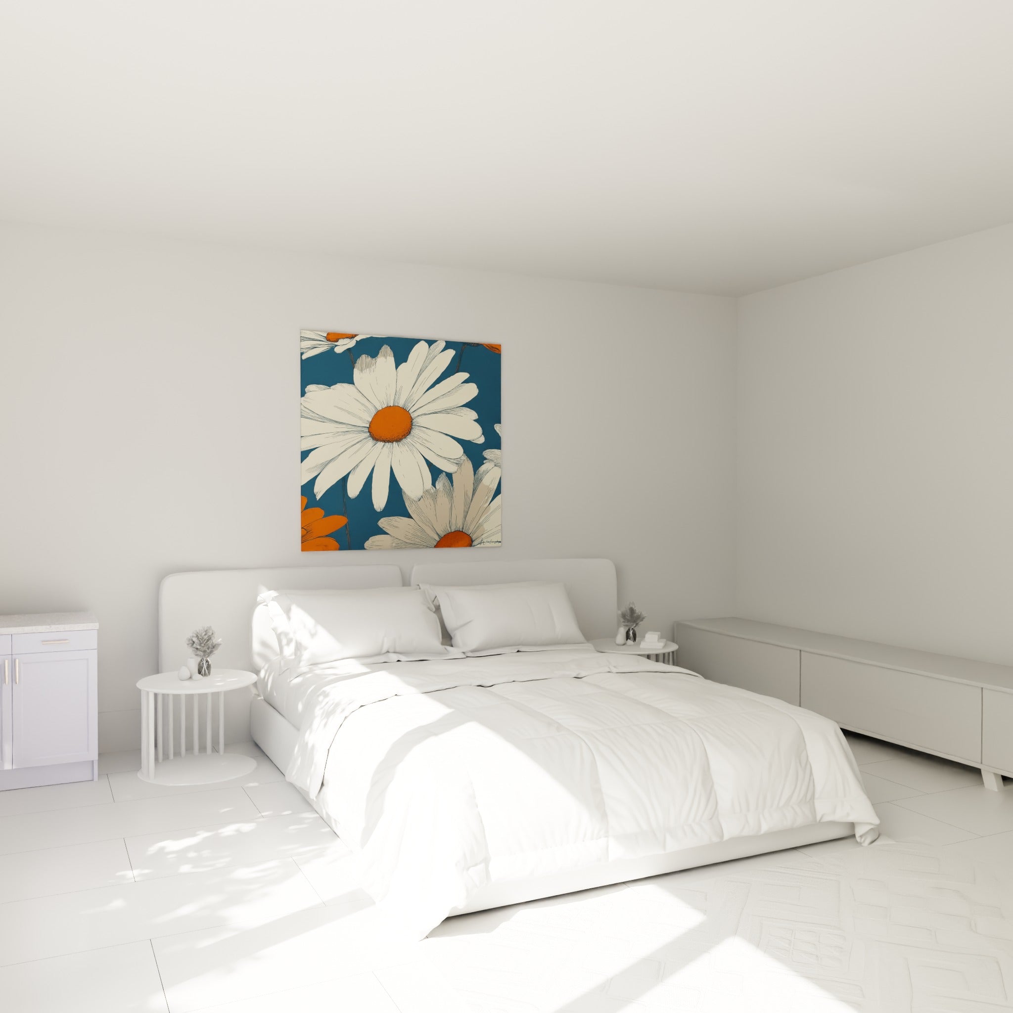 Pétales blancs et cœur orangé de la marguerite trônent au-dessus d'un lit dans une chambre claire