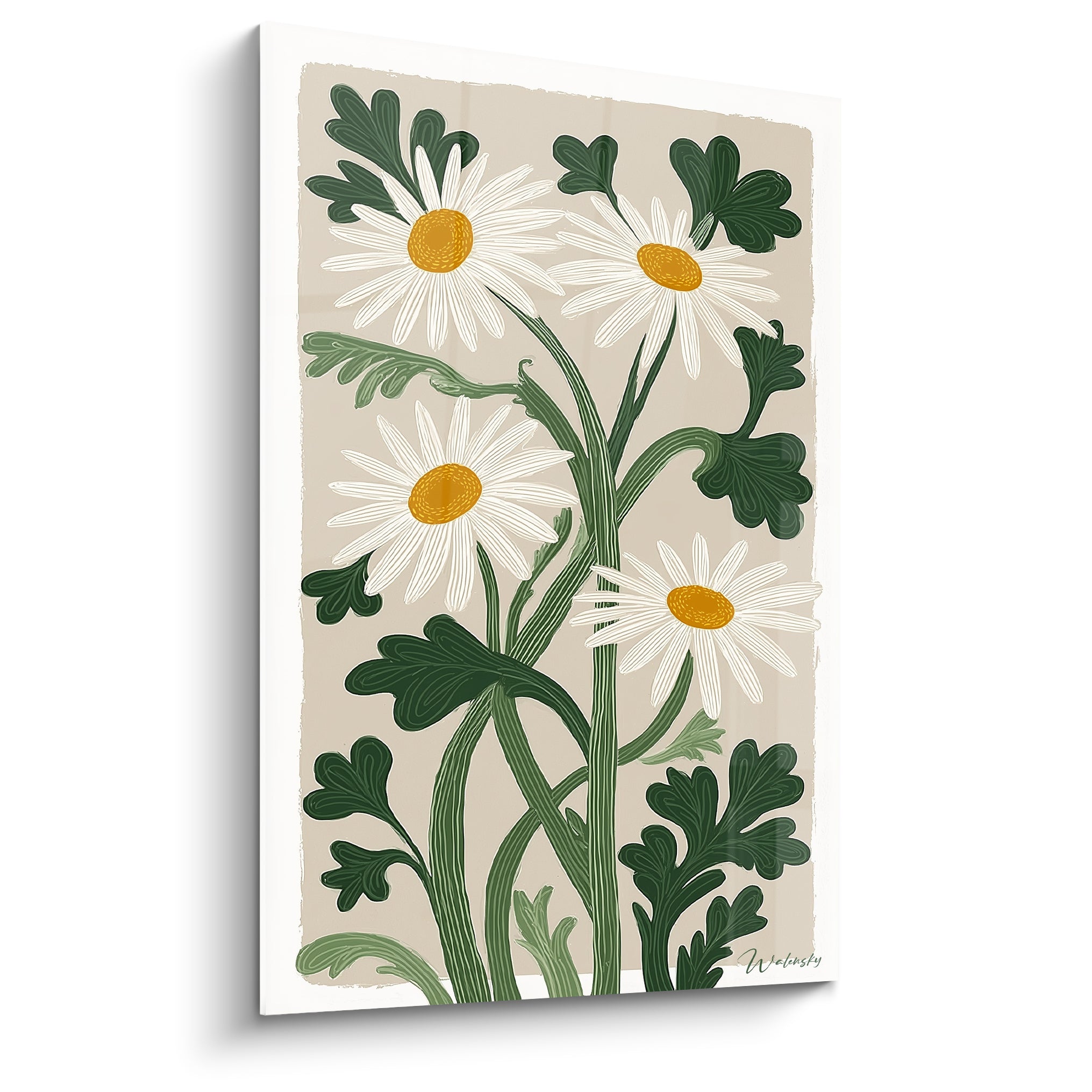 Marguerite illustrée aux pétales blancs et cœur jaune ocre sur fond beige naturel