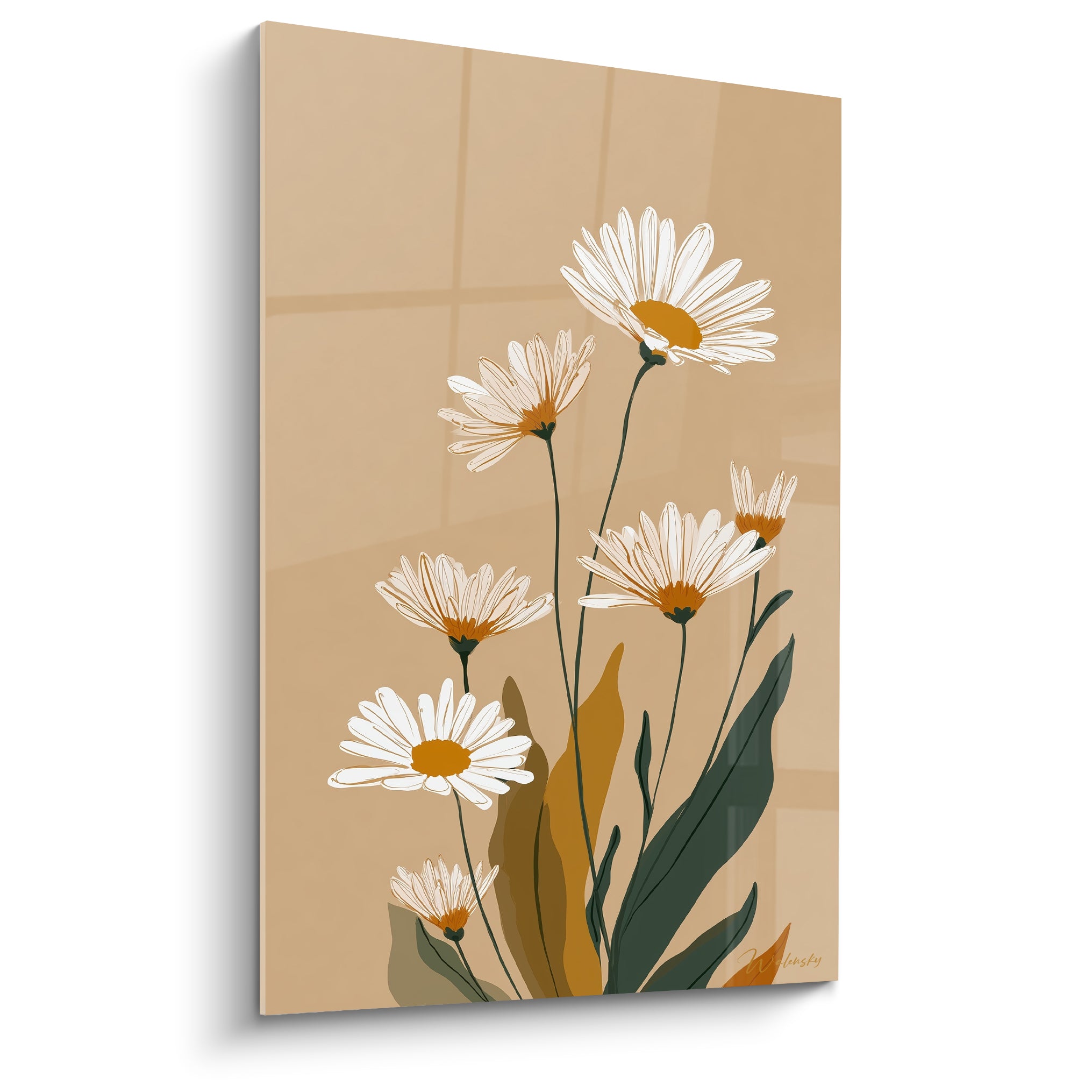 Marguerites blanches aux cœurs orangés se dressant sur fond beige illustré en aplats