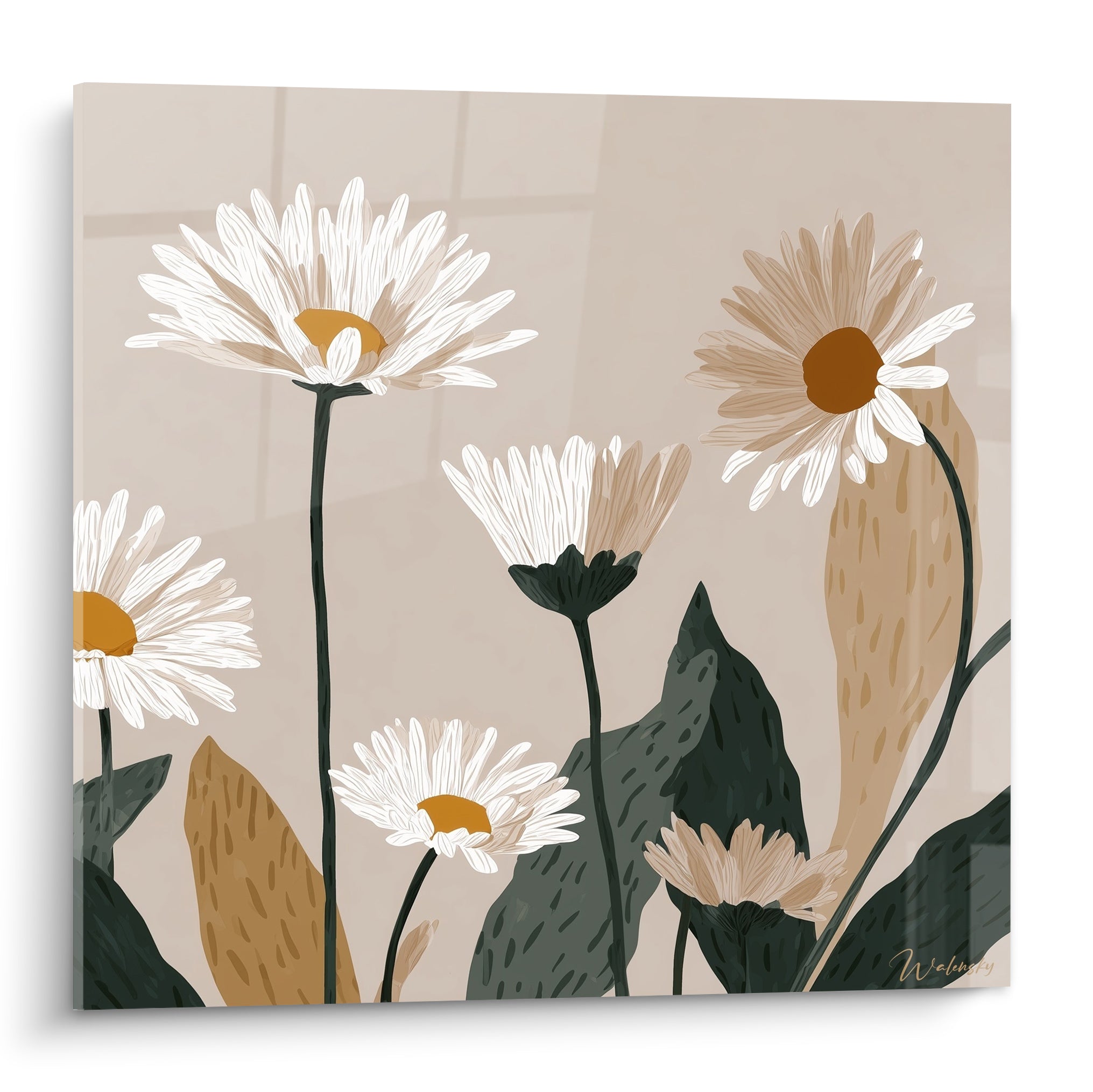 Marguerites blanches et dorées aux cœurs ocre sur fond beige, feuillage anthracite illustré