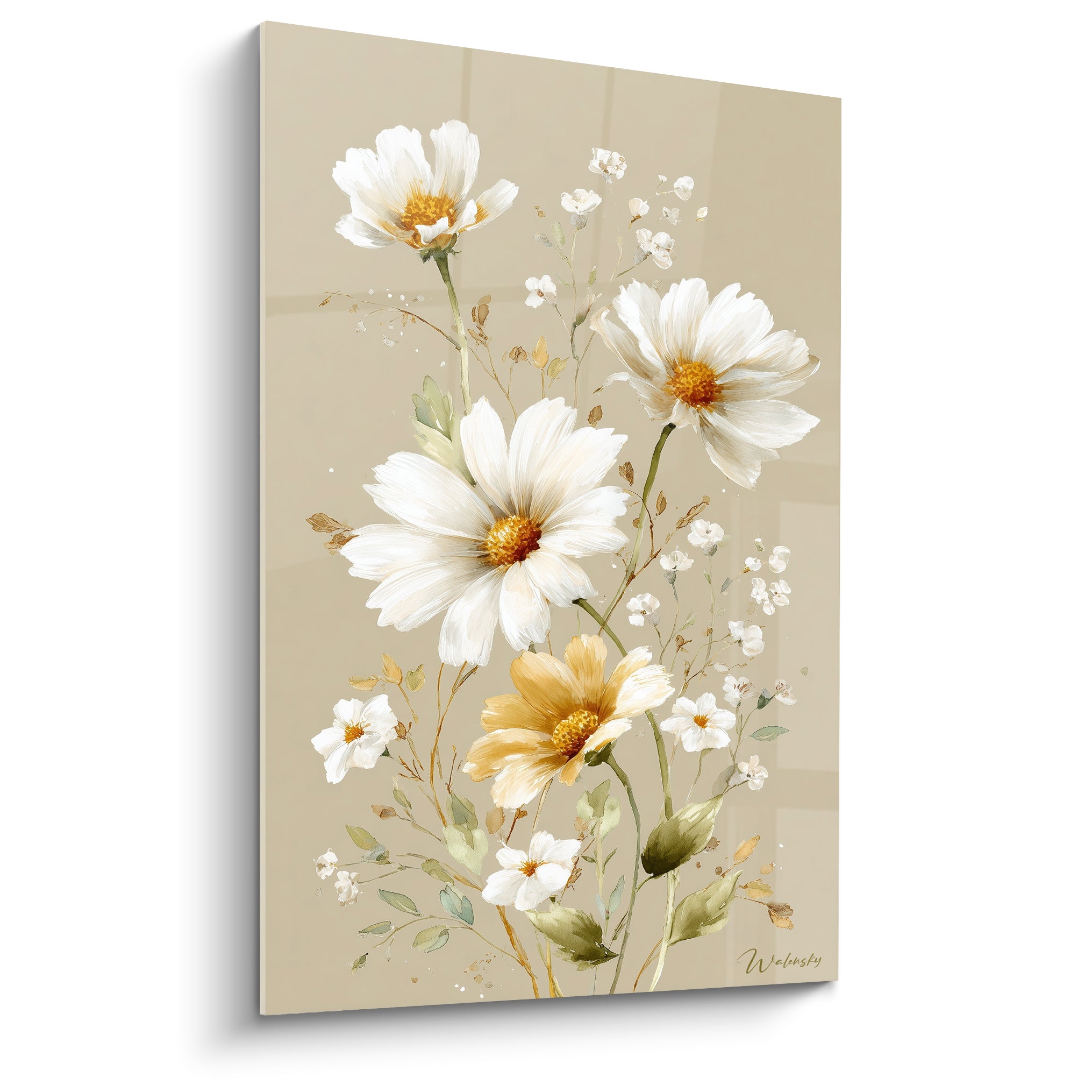 Marguerites blanches et ocre aux cœurs dorés peintes sur fond beige taupe uni