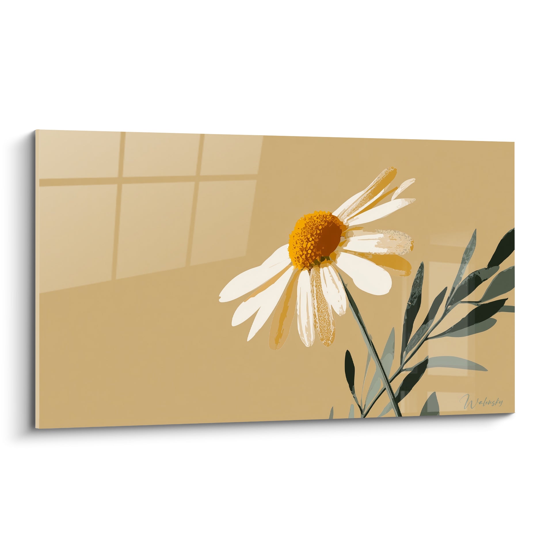 Marguerite blanche au cœur orange sur fond ocre, style graphique épuré et lumineux