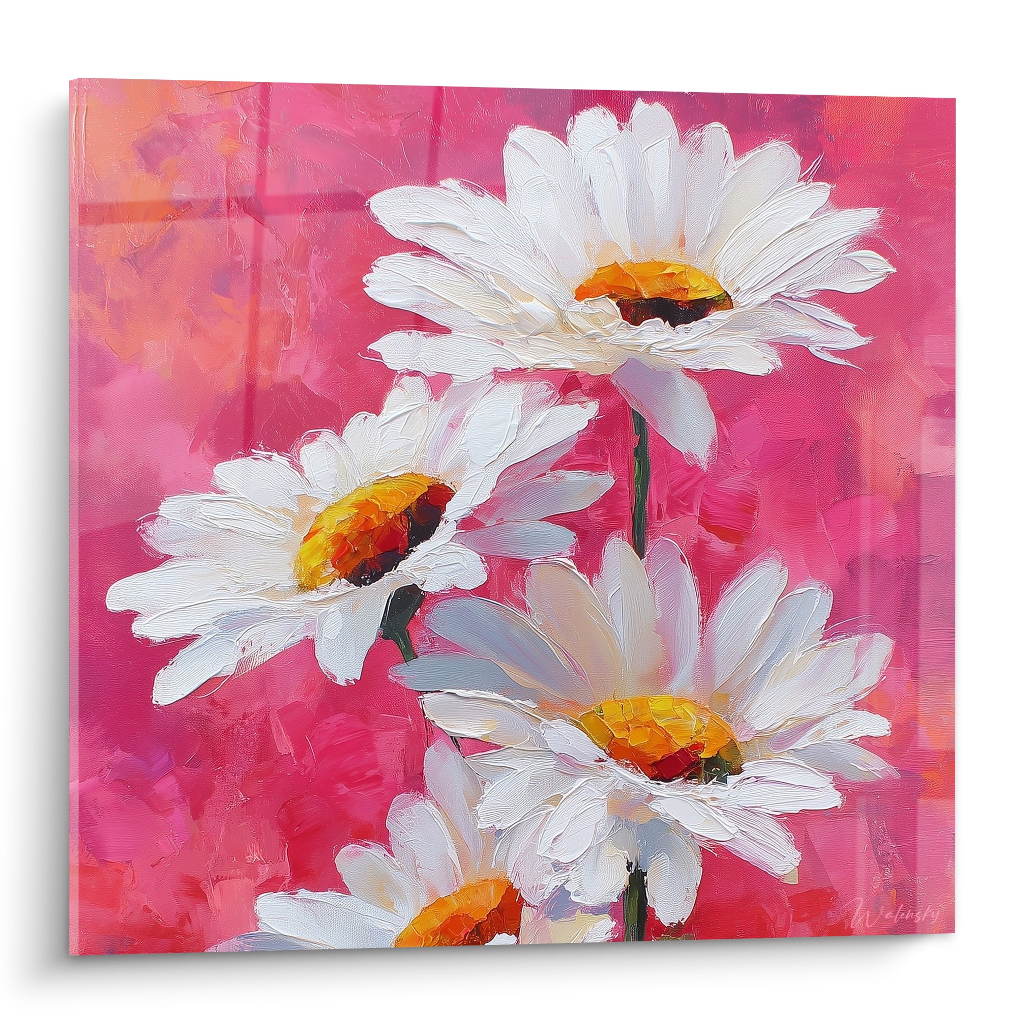 Marguerites blanches aux cœurs orangés peintes en relief sur fond rose fuchsia et magenta