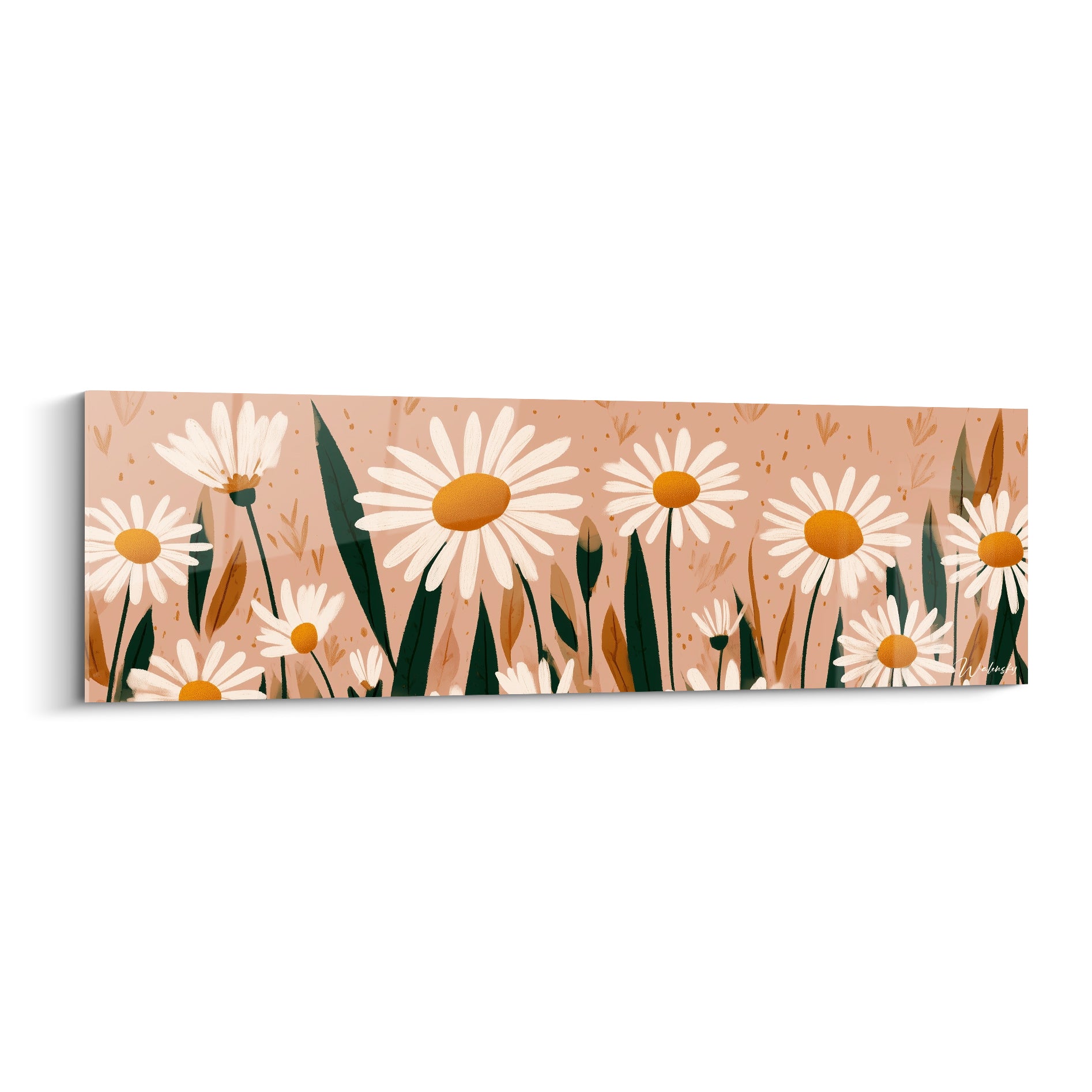 Marguerites blanches aux cœurs dorés sur fond terracotta, style graphique illustré