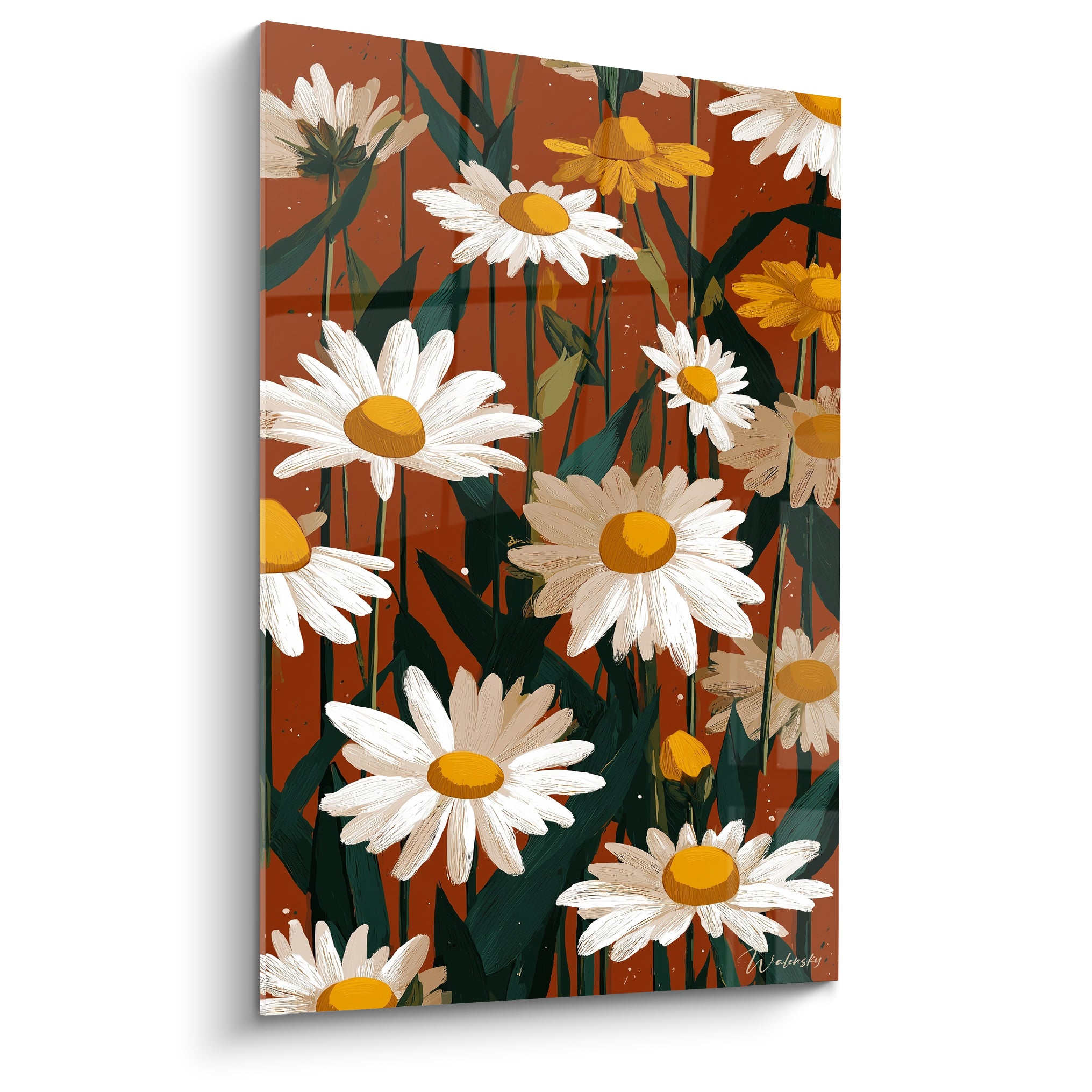 Marguerites blanches aux cœurs dorés sur fond terracotta, style peint dense et graphique