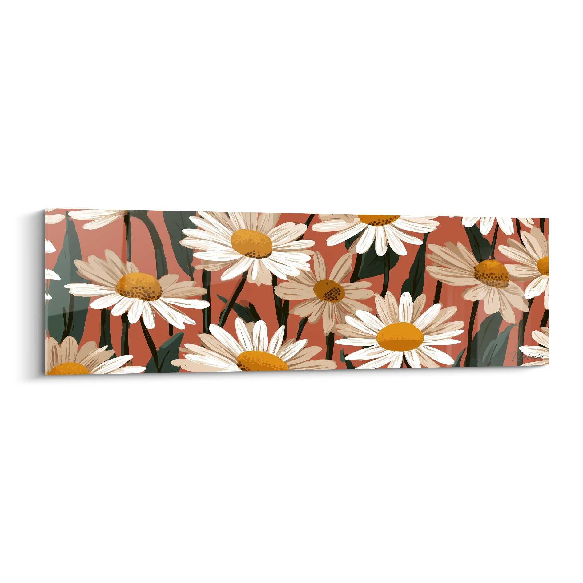Marguerites blanches aux cœurs dorés sur fond terracotta, illustration florale dense et graphique