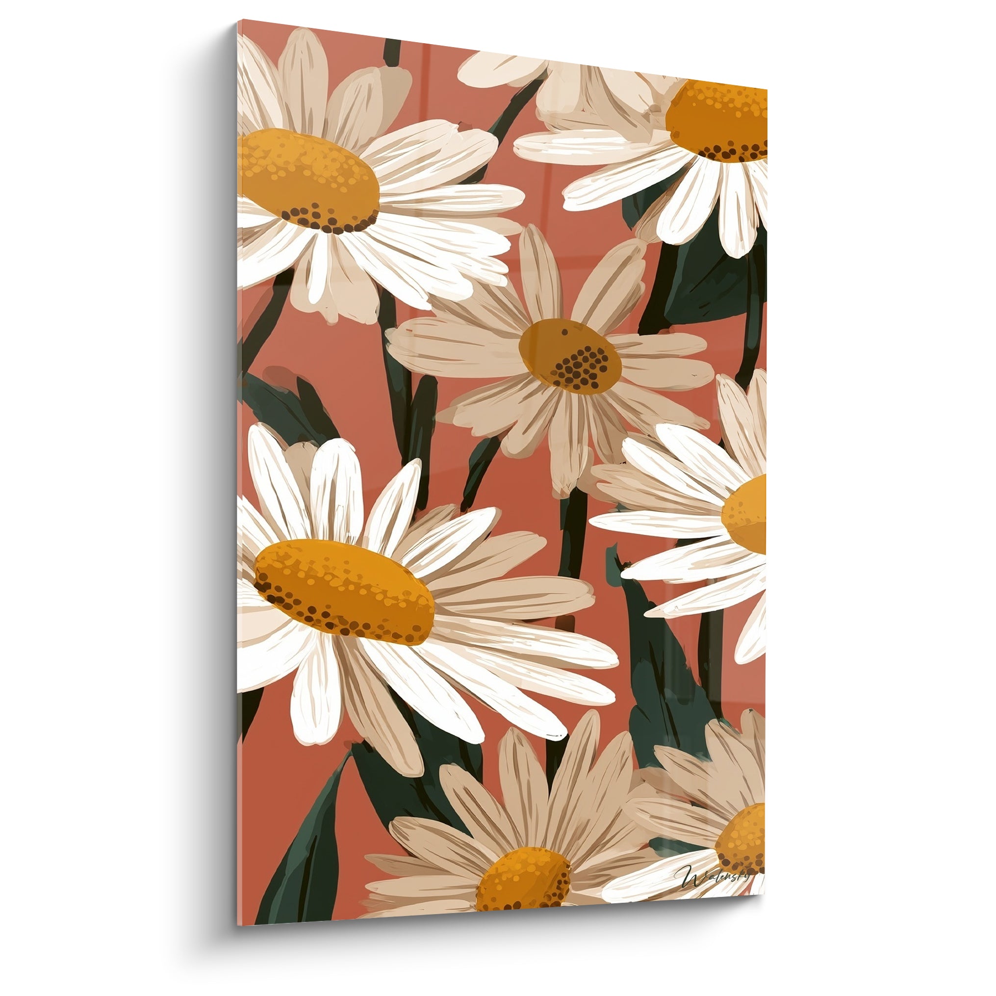 Marguerites blanches aux cœurs dorés se déploient sur un fond terracotta intense, style illustratif graphique.