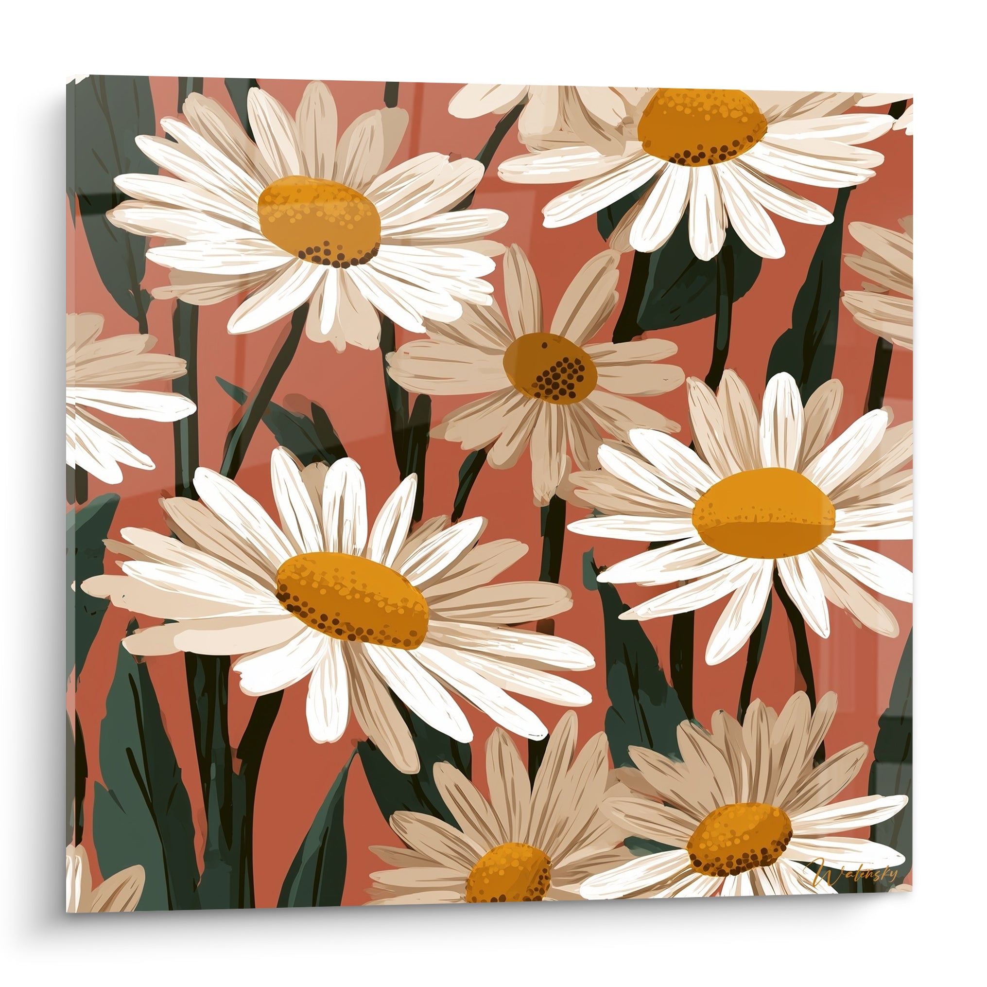 Marguerites blanches aux cœurs dorés sur fond terracotta, tiges vert anthracite en illustration.