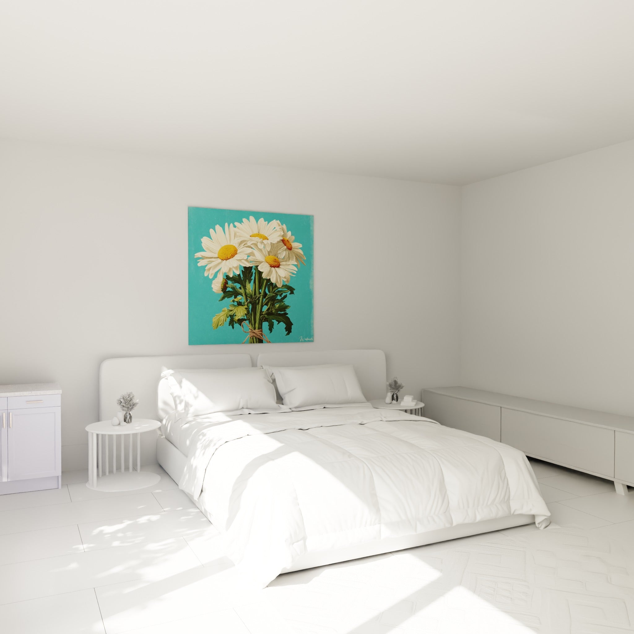 Marguerites blanches aux cœurs dorés accrochées au-dessus d'un lit dans une chambre claire