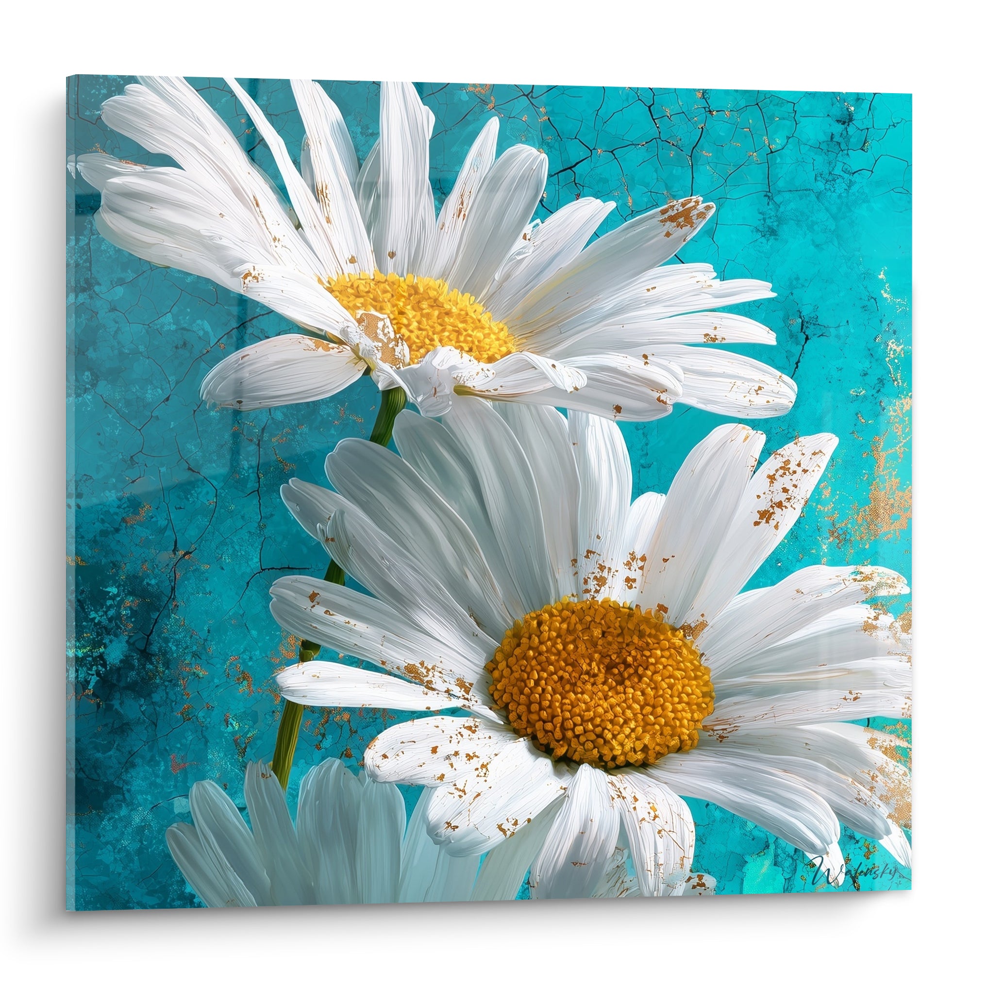 Marguerites blanches aux cœurs dorés sur fond turquoise craquelé, gros plan pictural