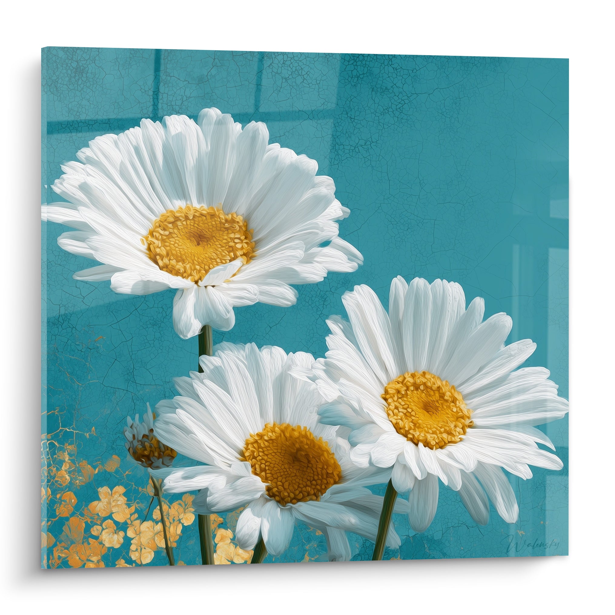 Marguerite blanche aux pétales déployés et cœur doré sur fond bleu turquoise craquelé texturé