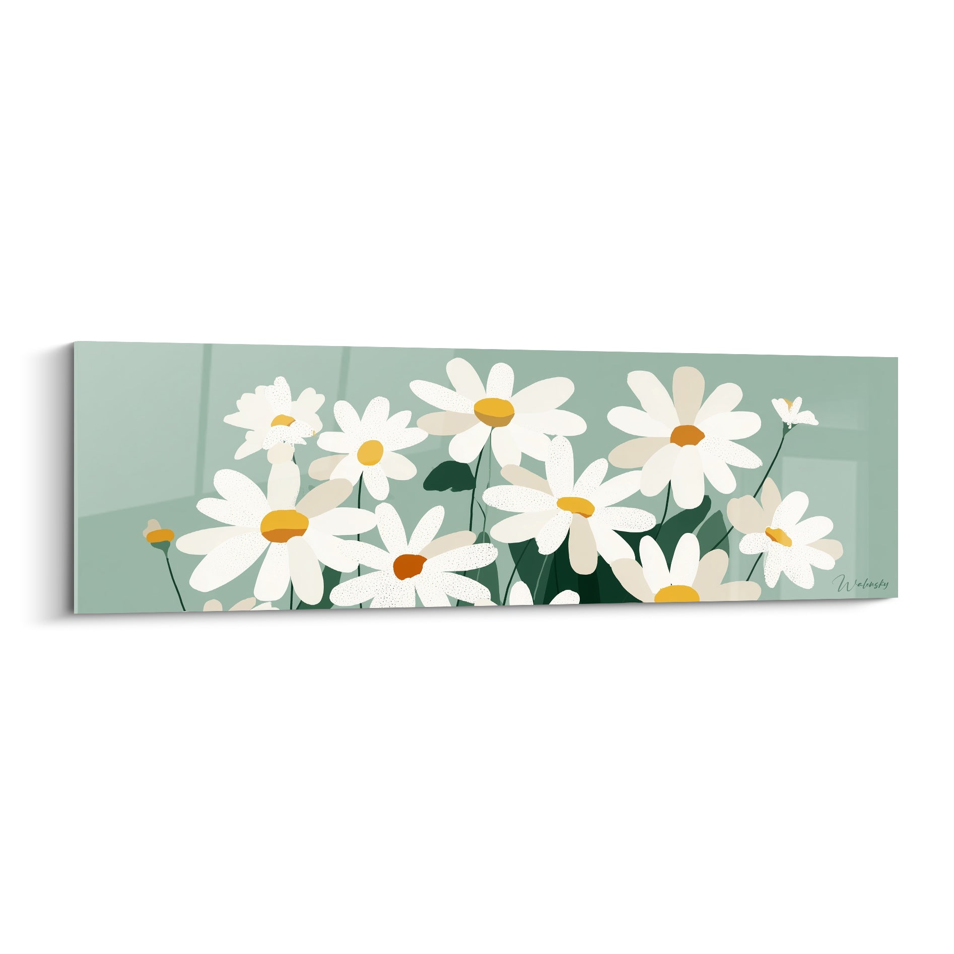 Marguerites blanches aux cœurs dorés sur fond vert sauge, style illustratif épuré