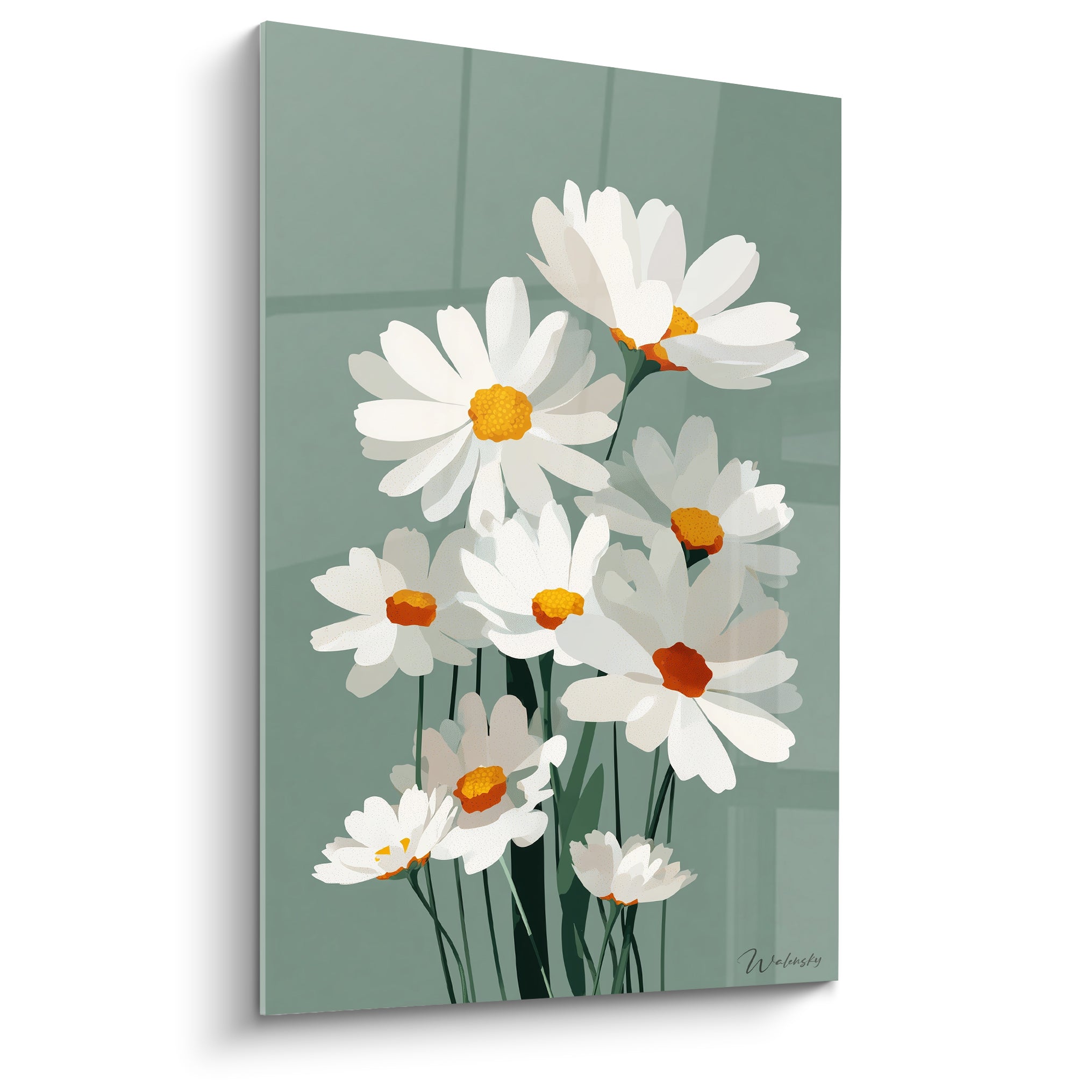 Marguerite blanche aux cœurs orangés peinte en aplats sur fond vert sauge lumineux