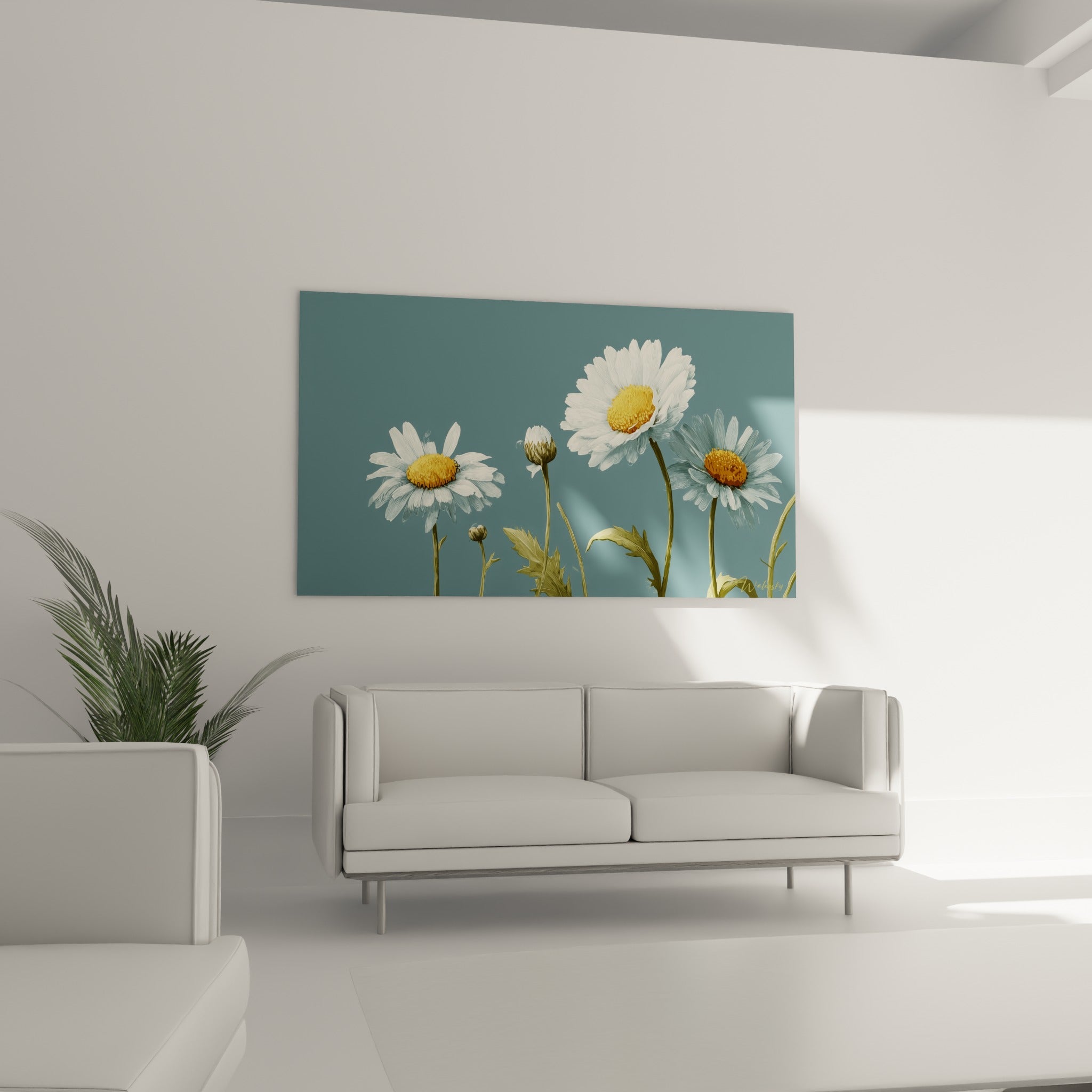 Fleurs de marguerite blanches et dorées sur fond bleu profond, au-dessus d'un canapé dans un salon lumineux