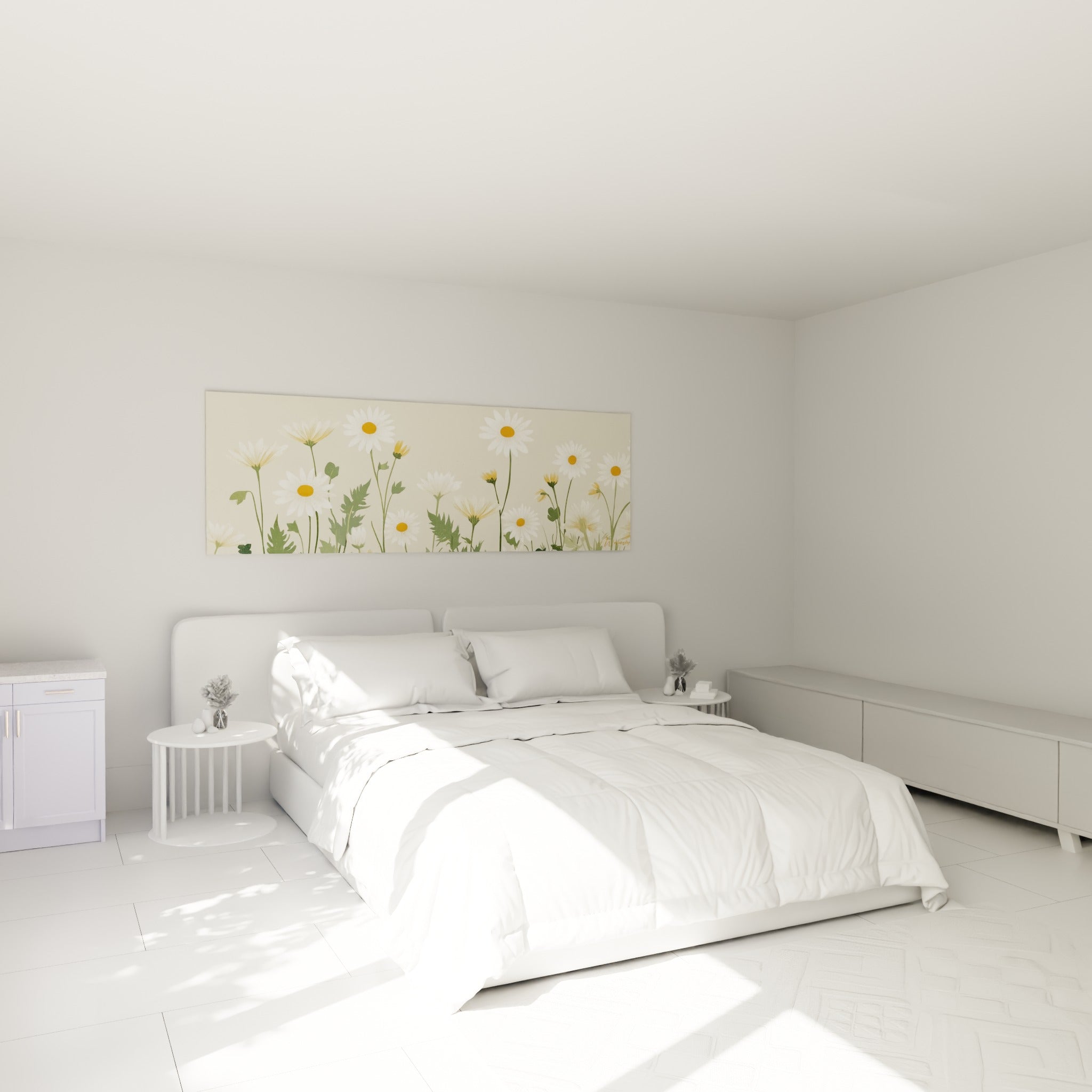 Marguerites blanches et vert sauge illustrées, disposées au-dessus d'un lit dans une chambre claire