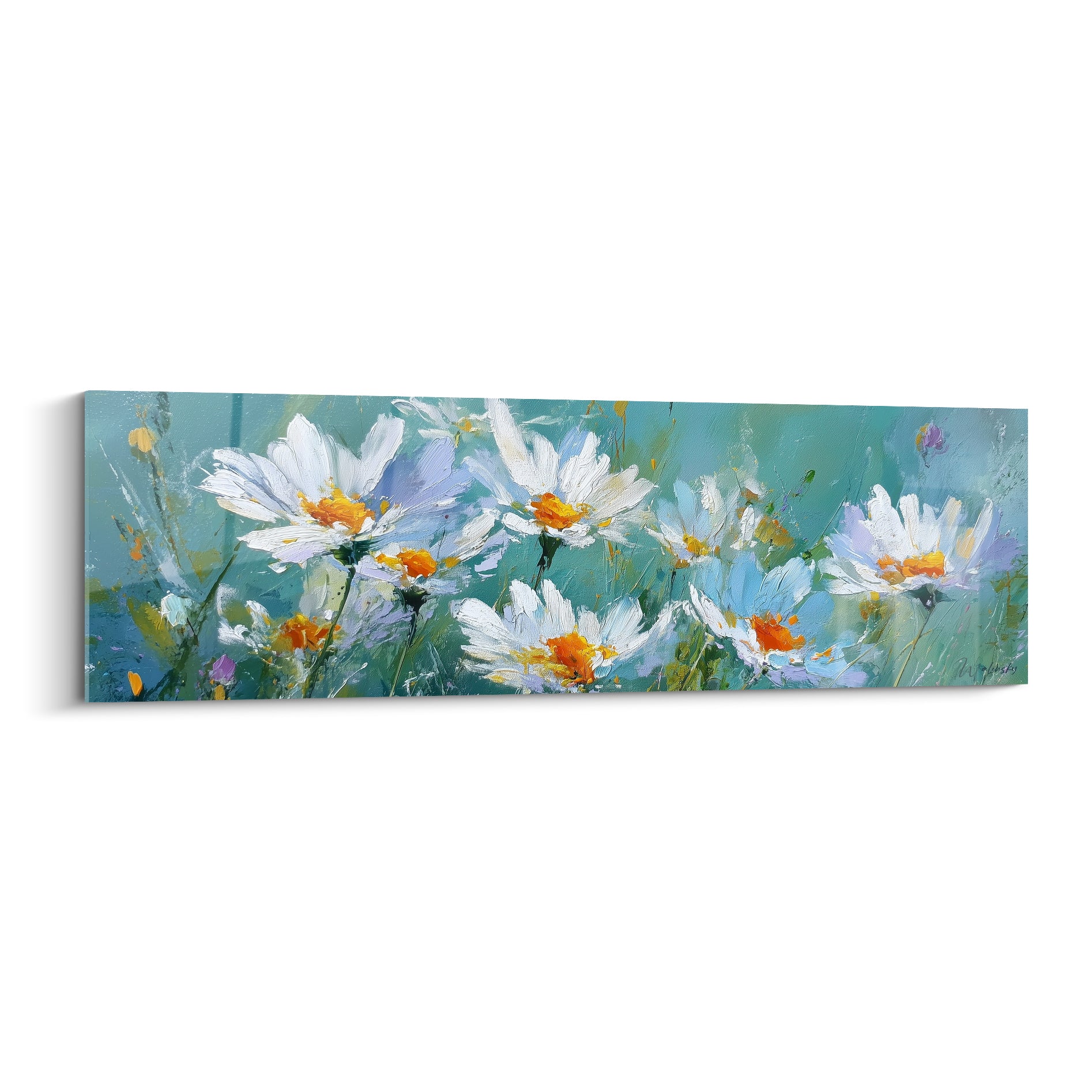 Marguerites blanches aux cœurs orangés peintes au couteau sur fond turquoise dégradé