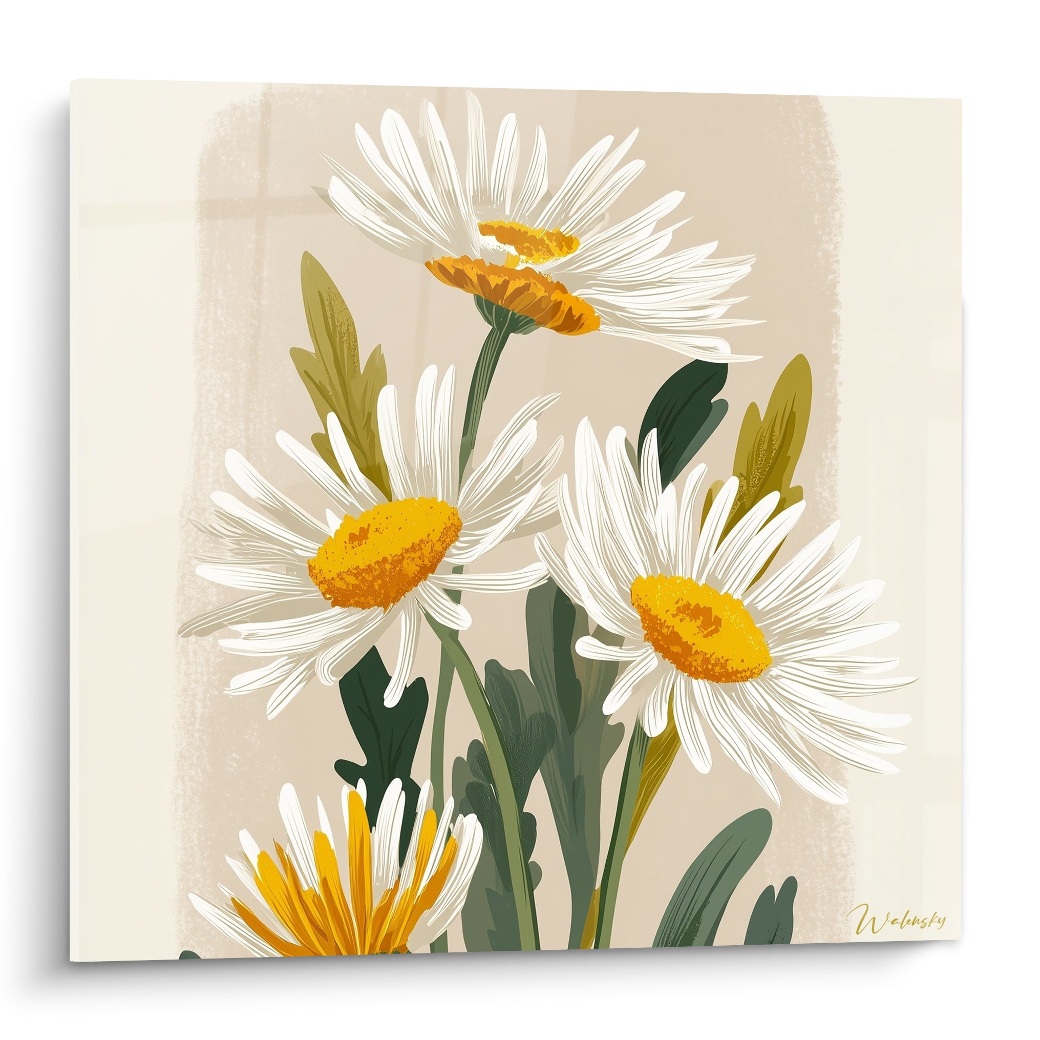 Marguerites blanches aux cœurs safran se déploient sur fond beige rosé, style illustré botanique