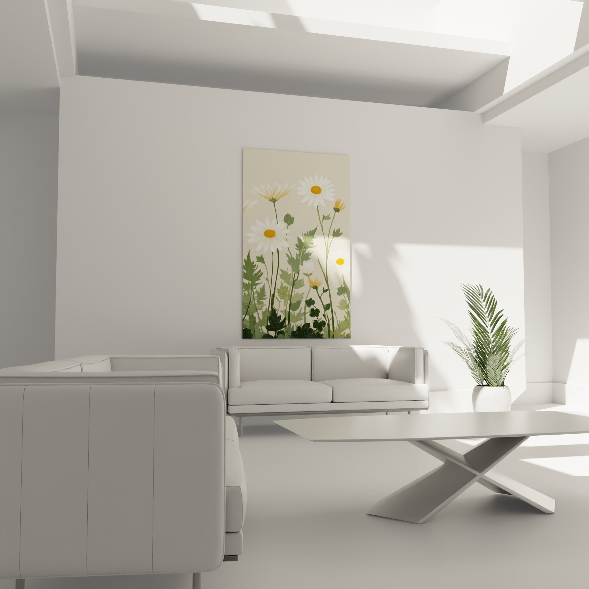 Fleurs blanches aux cœurs dorés et tiges vertes composent ce tableau, suspendu au-dessus d'un canapé dans un salon lumineux