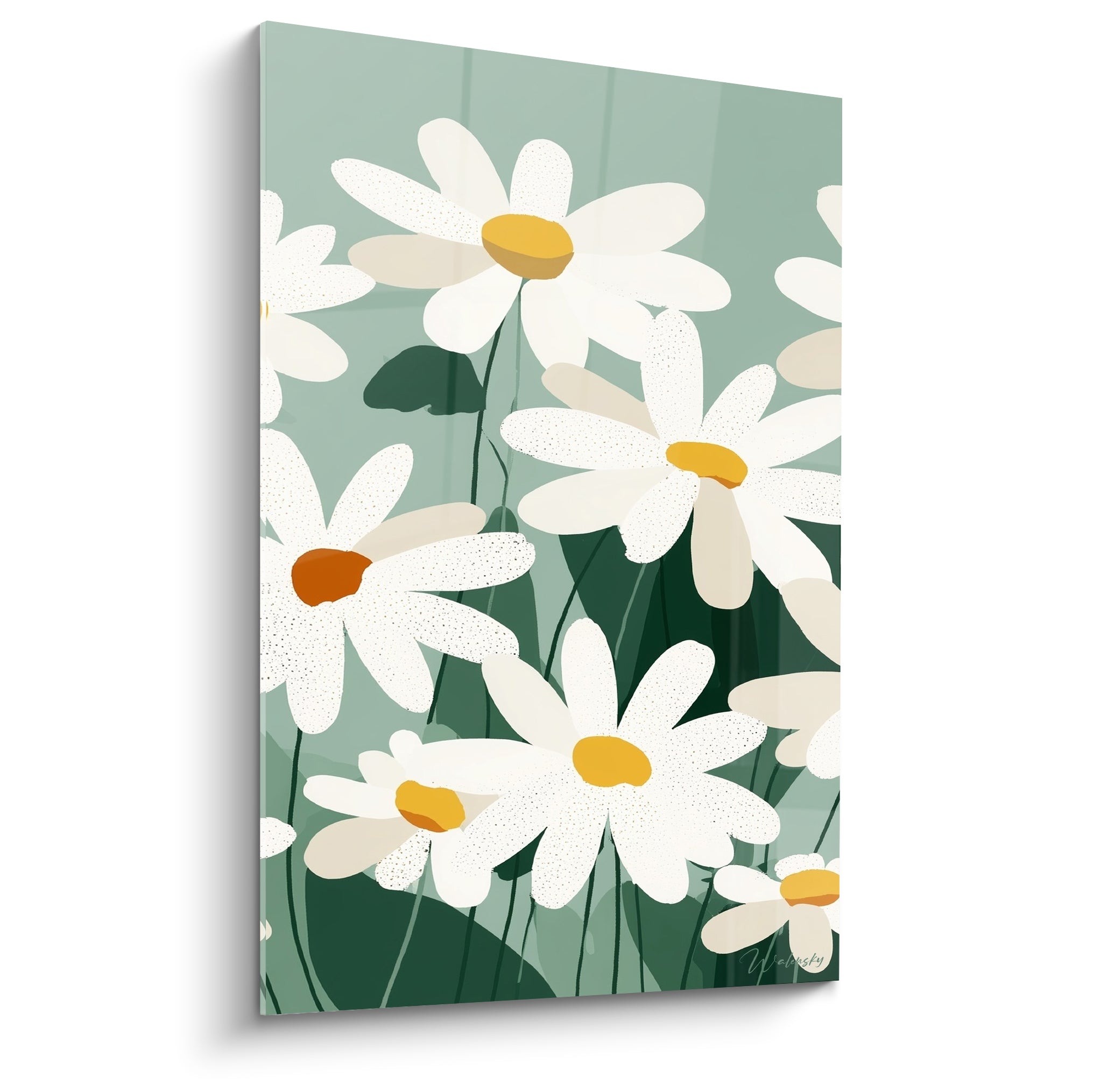 Marguerites blanches aux cœurs dorés sur fond vert sauge, style graphique illustré et texturé