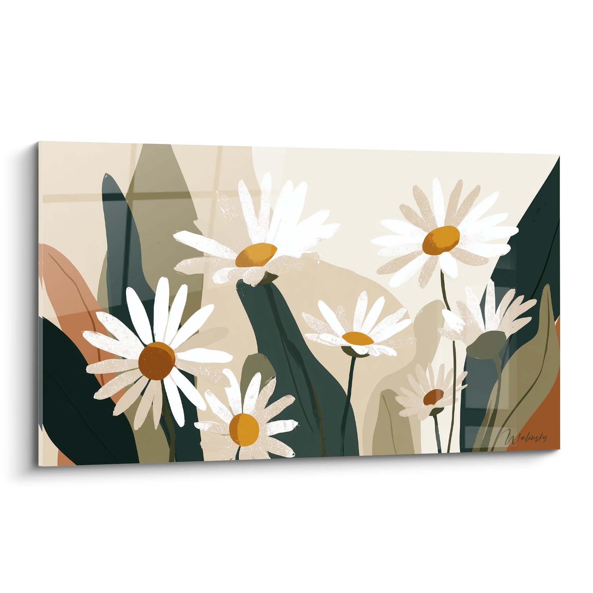Marguerites blanches aux cœurs dorés sur fond crème et feuillages vert foncé stylisés