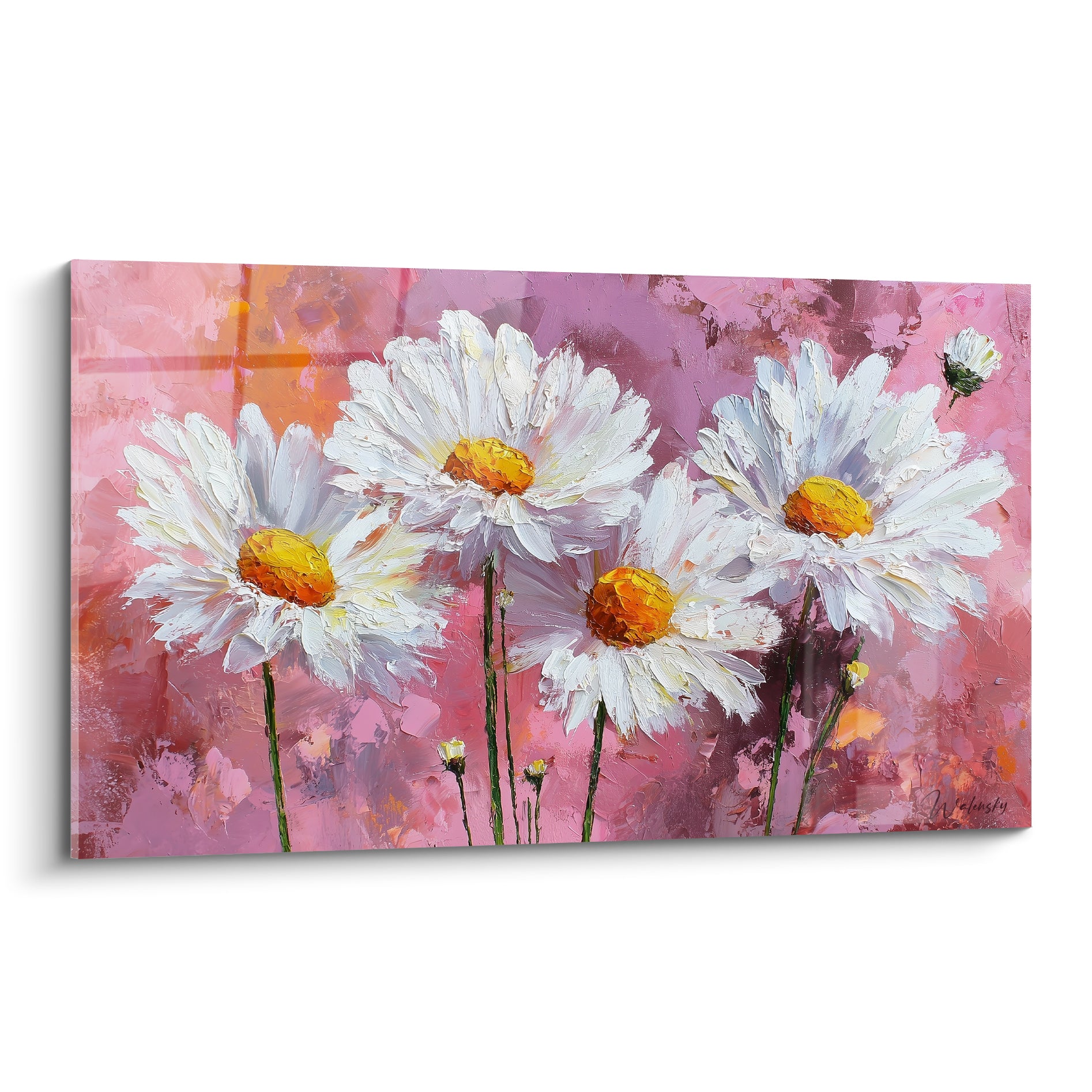 Marguerites blanches aux cœurs orangés peintes en relief sur fond rose et pourpre texturé