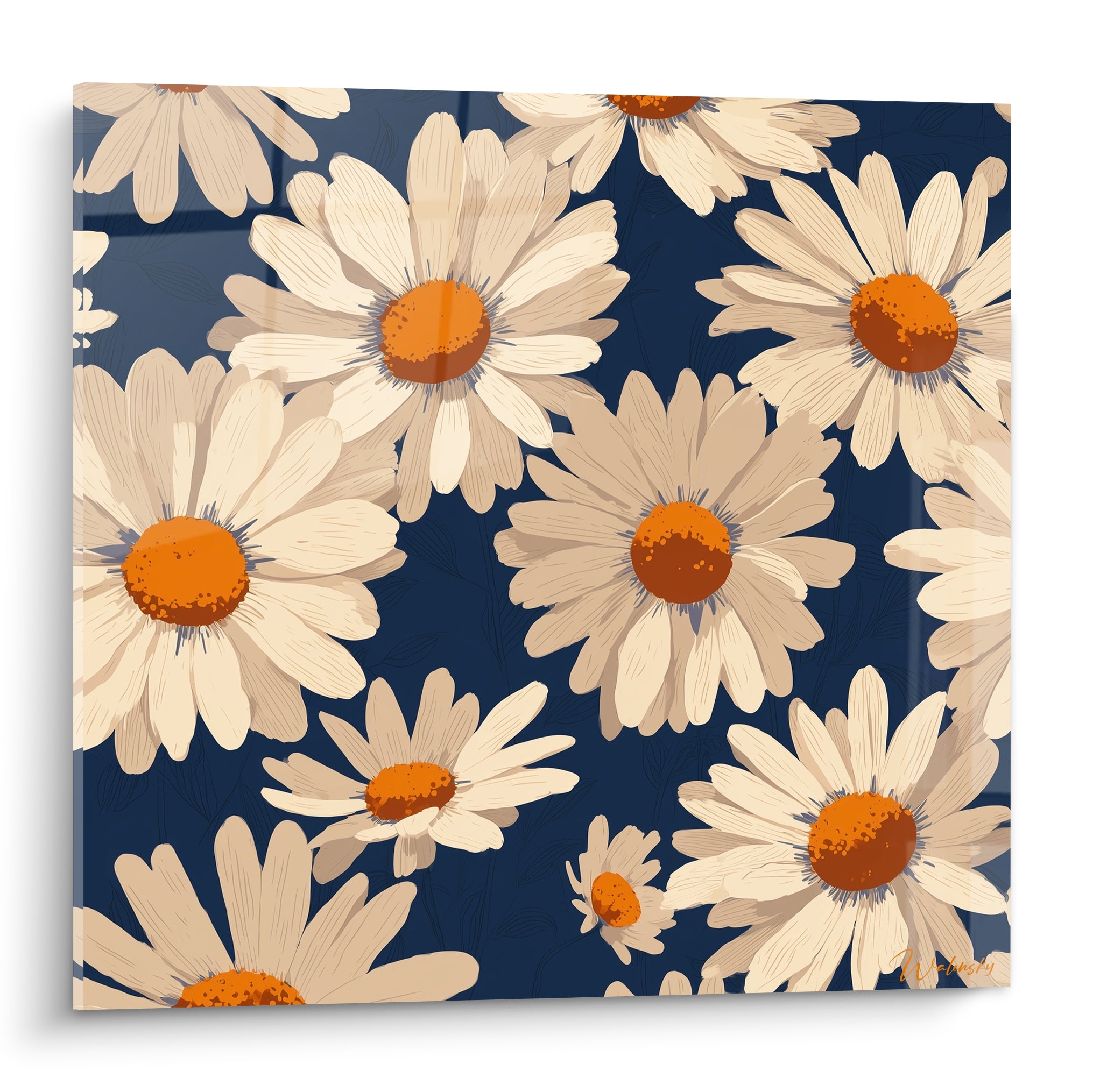 Marguerites crème aux cœurs orange vif sur fond bleu marine, composition florale dense et graphique